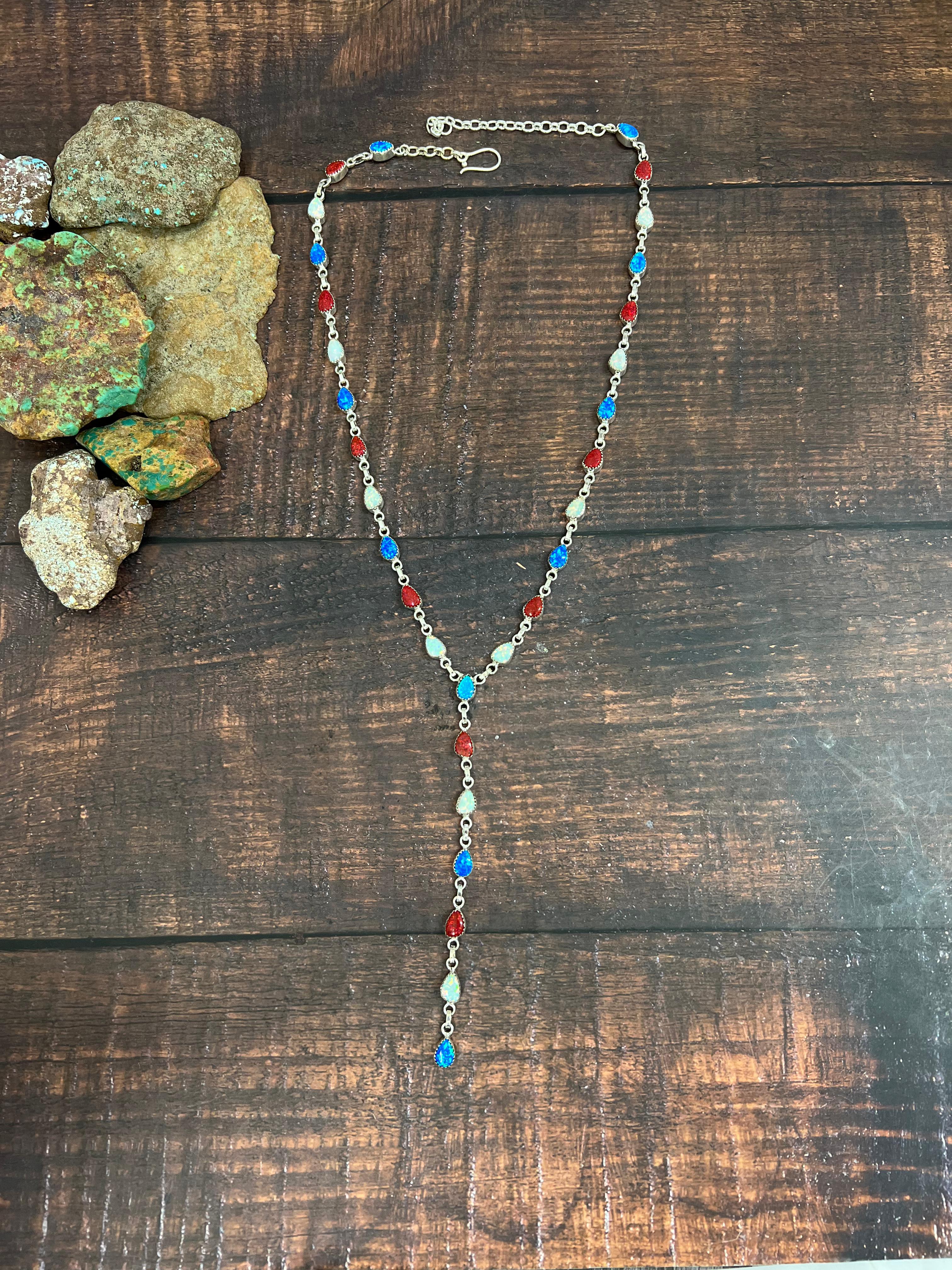 ** 4TH OF JULY ** Handmade Sterling Silver Synthetic Opal Necklace with Signed Nizhoni