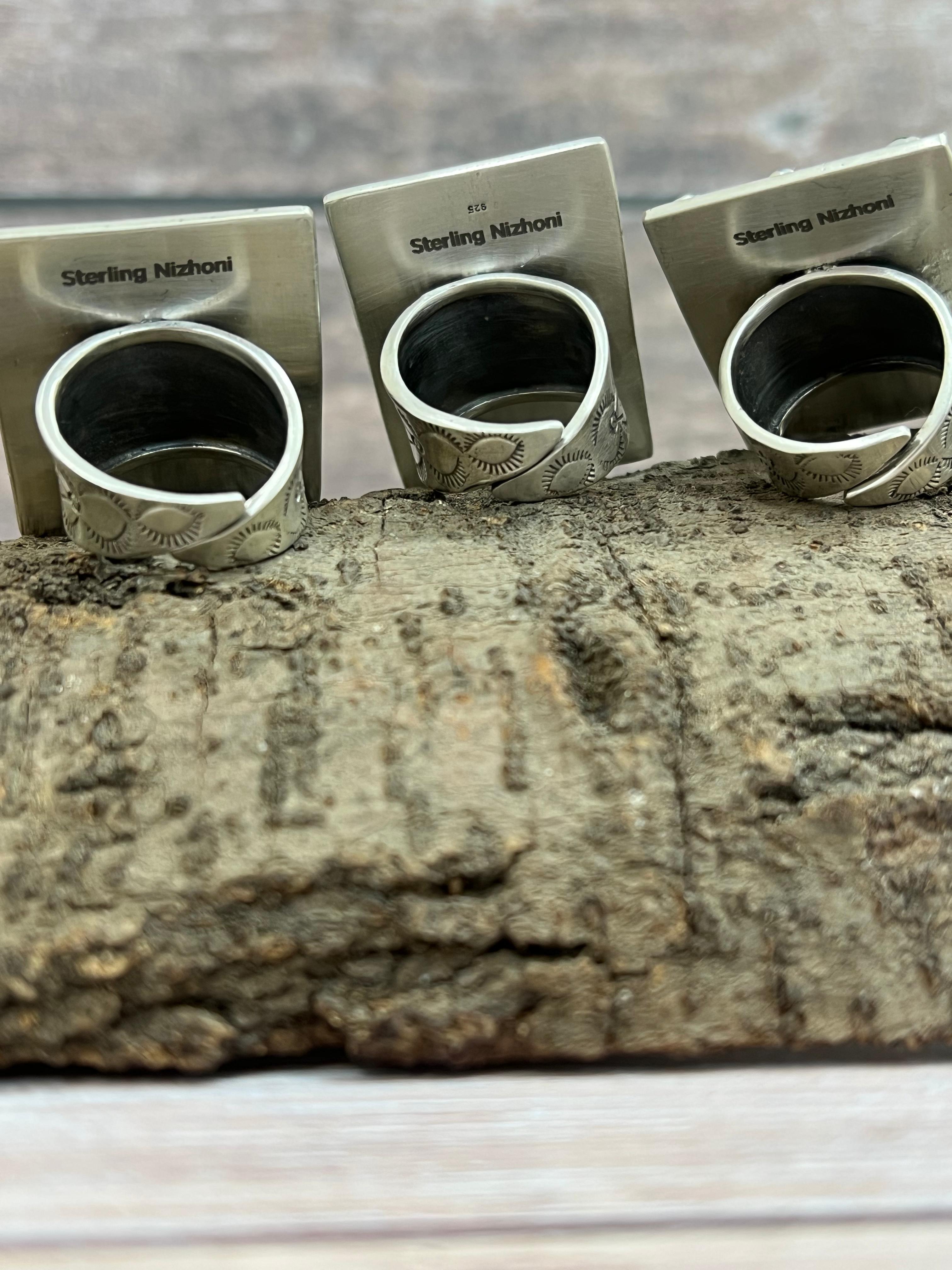 Handmade Sterling Silver Golden Hills, Number 8, Sonoran Mountain Turquoise Adjustable Ring with Signed Nizhoni