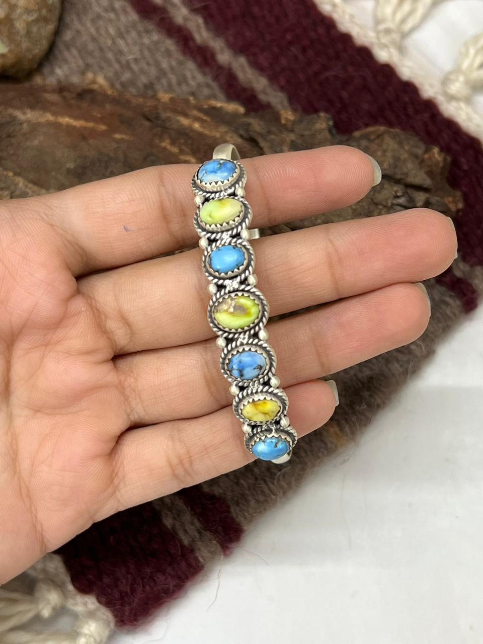 Handmade Sterling Silver Palomino with Golden Hills Turquoise Bracelet "Signed Nizhoni"
