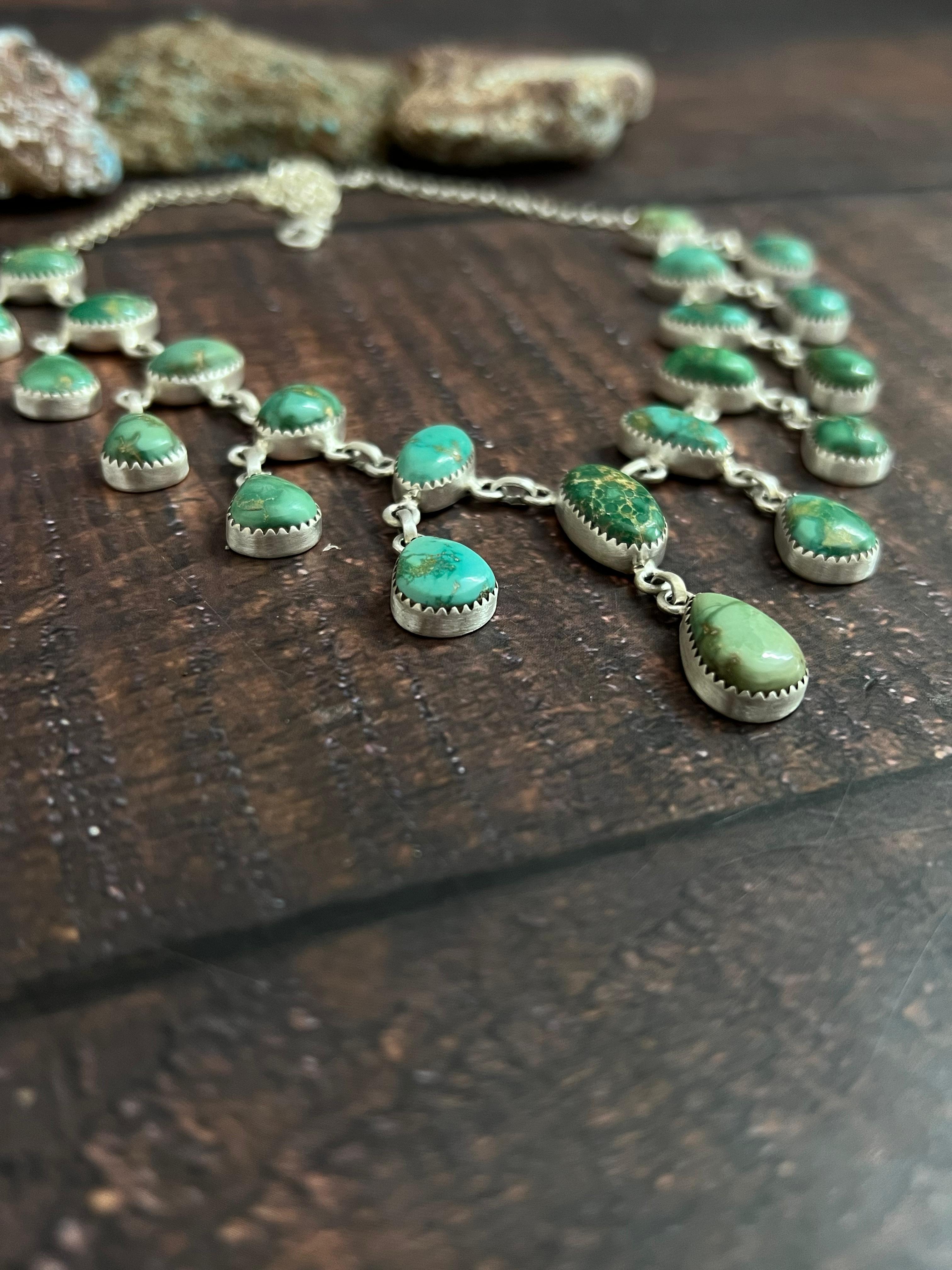 Handmade Sterling Silver Kingman Turquoise Necklace with Signed Nizhoni