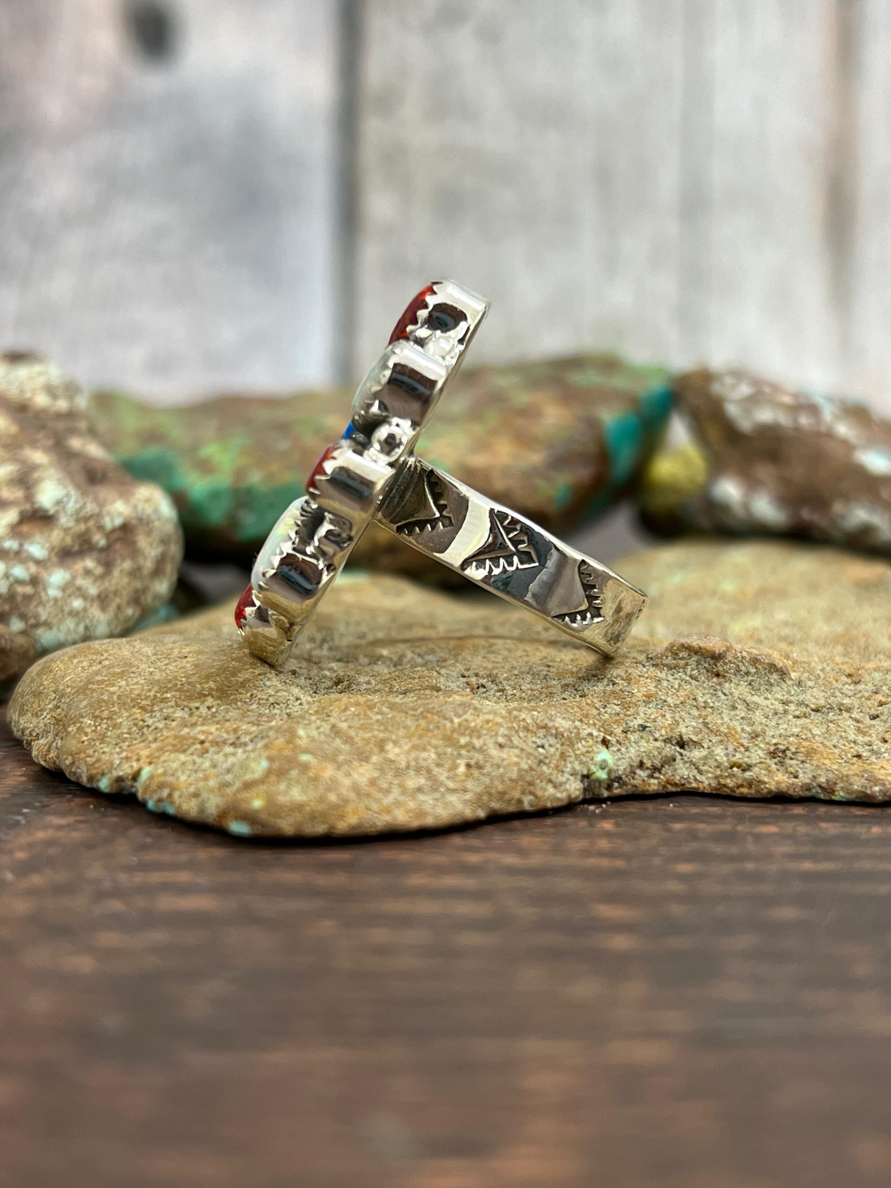 ** 4TH OF JULY ** Handmade Sterling Silver Synthetic Opal Adjustable Ring with Signed Nizhoni