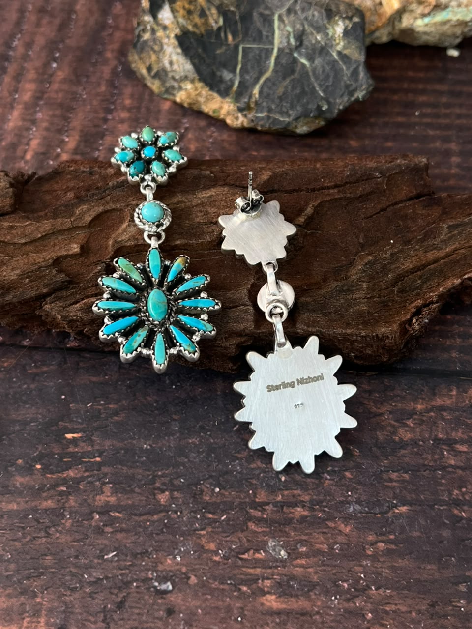 Handmade Sterling Silver Kingman Turquoise Post Dangle Earrings Signed Nizhoni