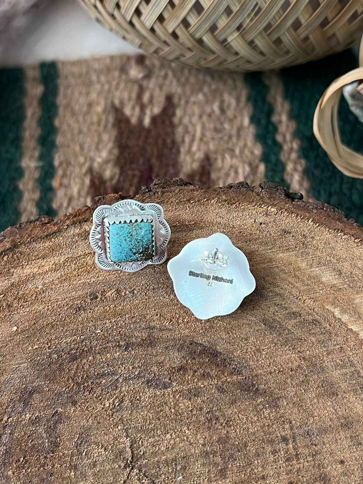 Handmade Sterling Silver Number 8 Turquoise Post Studs Earrings Signed Nizhoni
