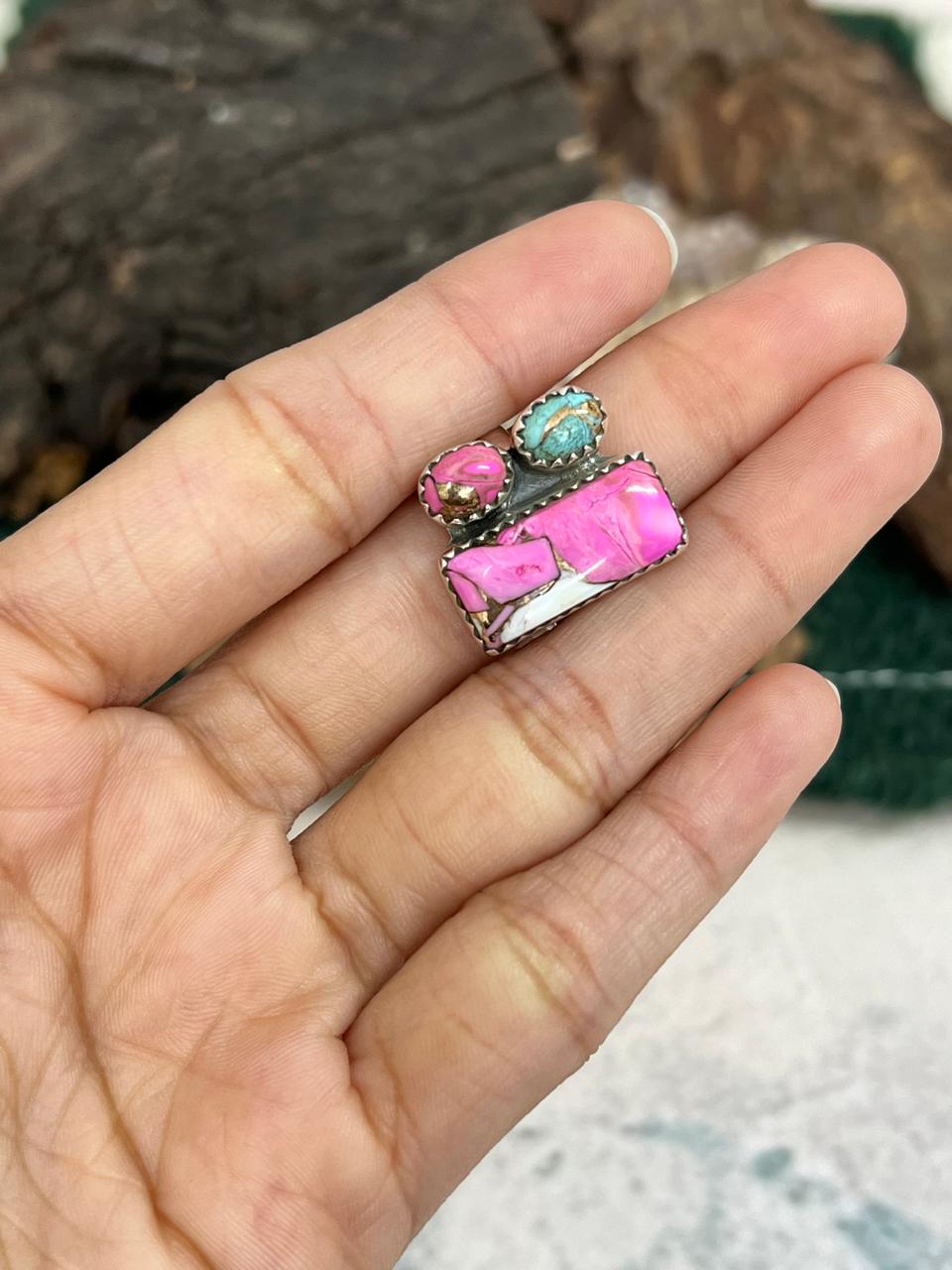 Handmade Sterling Silver Cotton Candy Turquoise Adjustable Ring with Signed Nizhoni