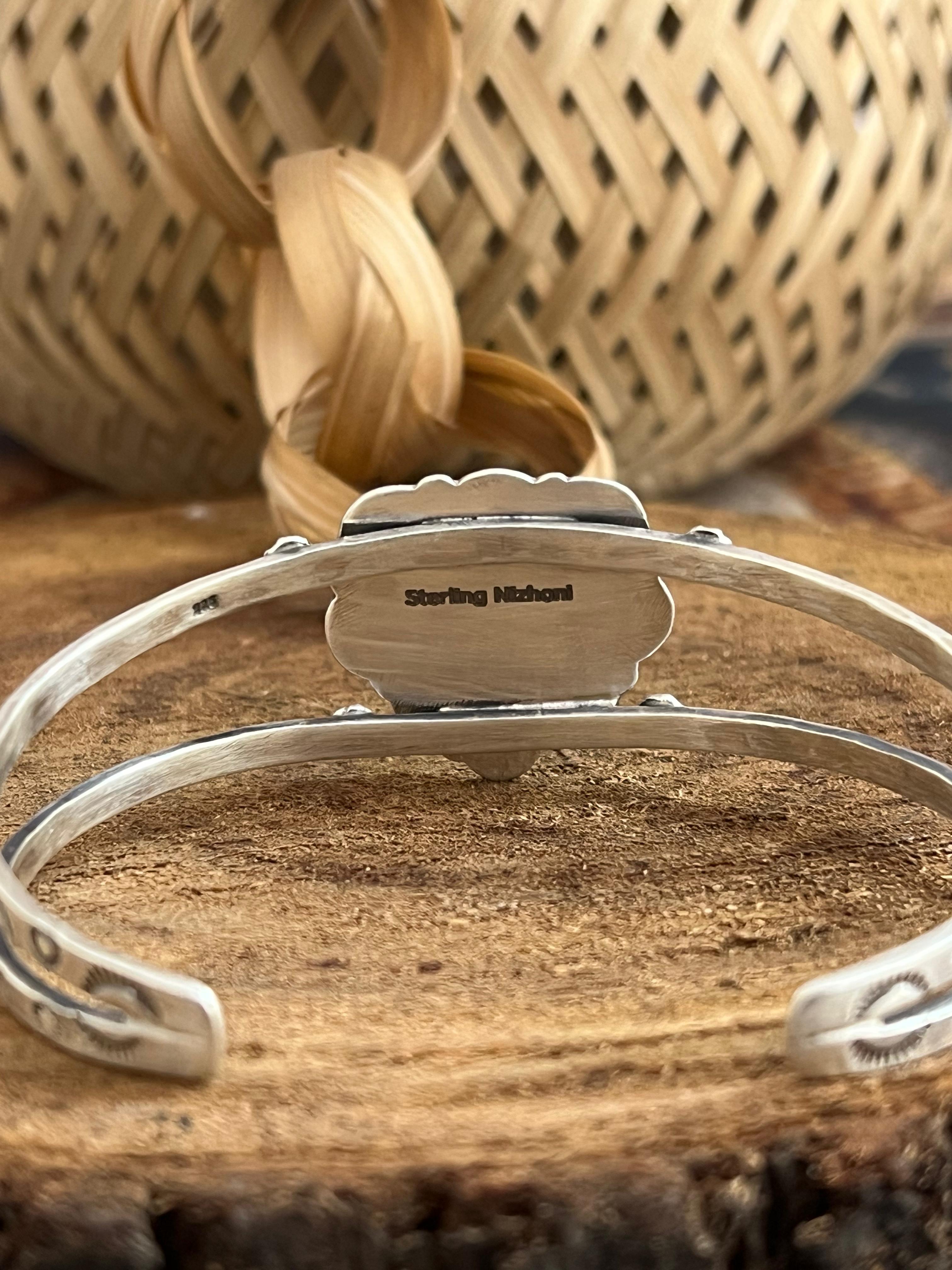 Handmade Sterling Silver White Buffalo Heart Bracelet with Signed Nizhoni