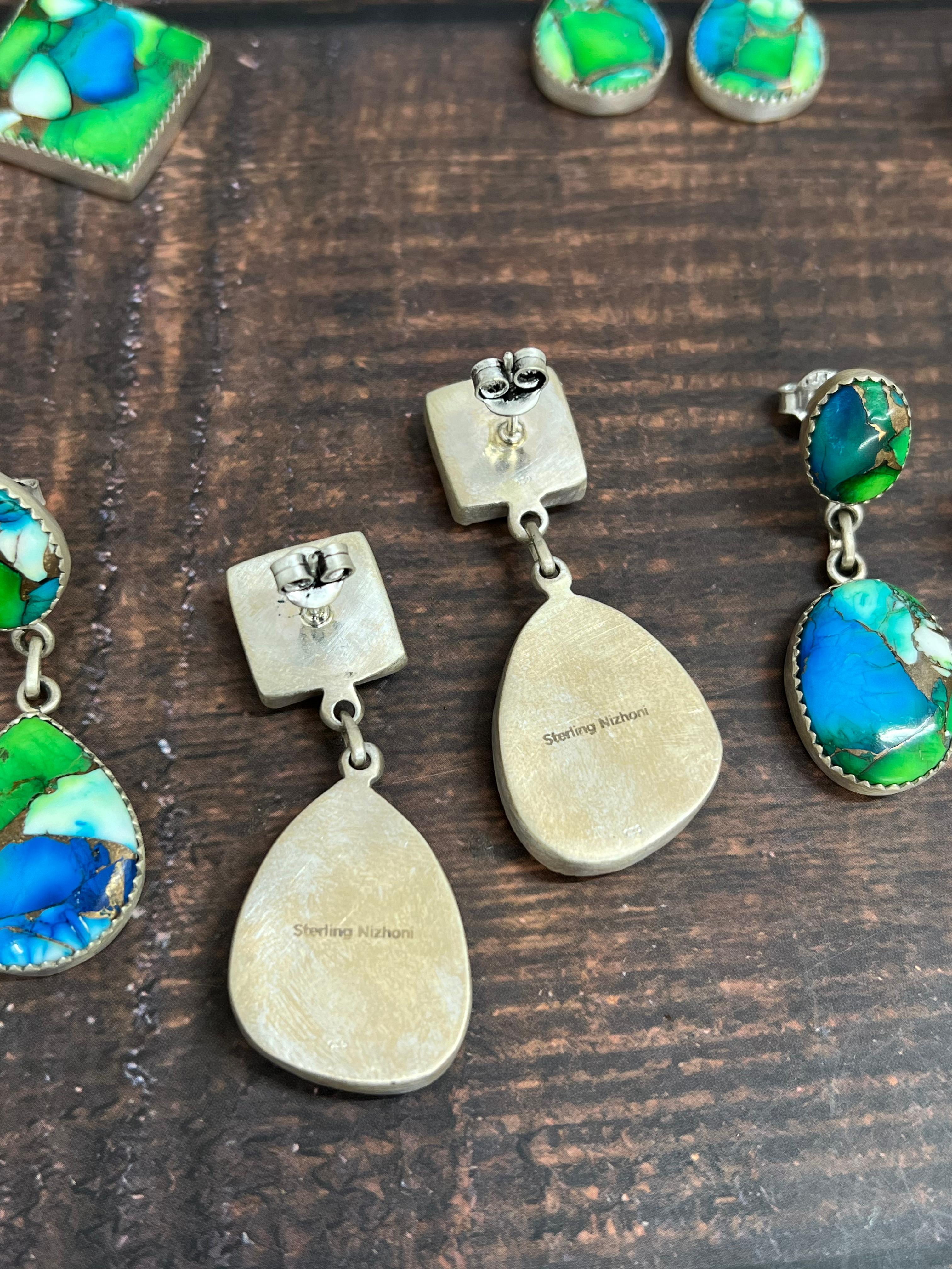 Handmade Sterling Silver Peacock Dahlia Post Earrings with Signed Nizhoni