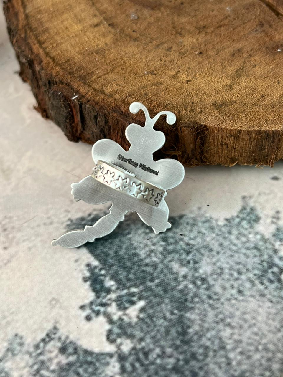 Handmade Sterling Silver Kingman Turquoise Dragonfly Adjustable Ring Signed Nizhoni