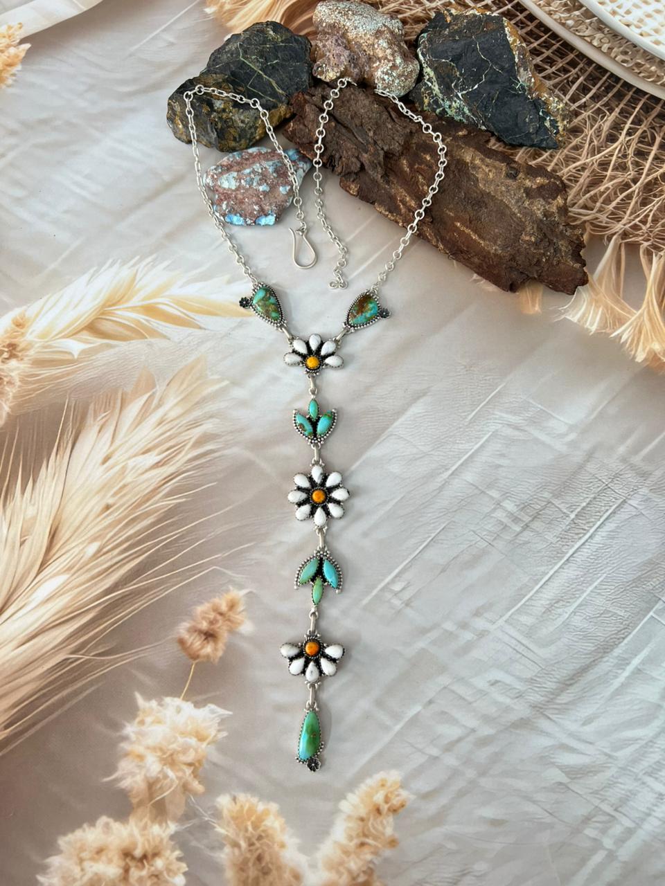Handmade Sterling Silver Spring Collection: White Buffalo with Bumblebee & Sonoran Mountain Turquoise Necklace "Signed Nizhoni"