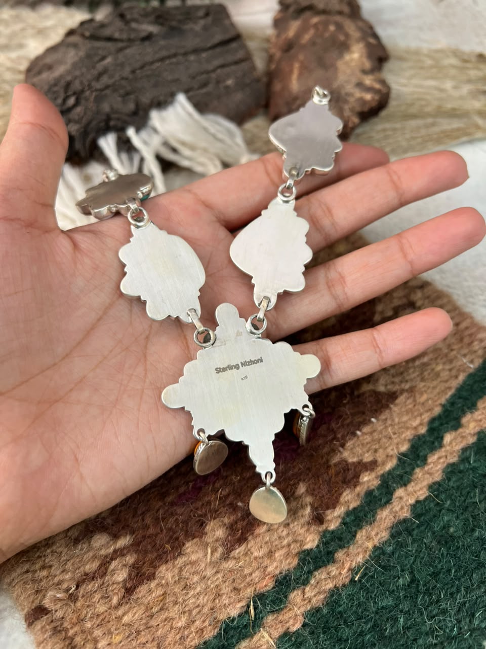Handmade Sterling Silver Sonoran Mountain Turquoise with Bumblebee and White Buffalo Spring Collection: Necklace Signed Nizhoni