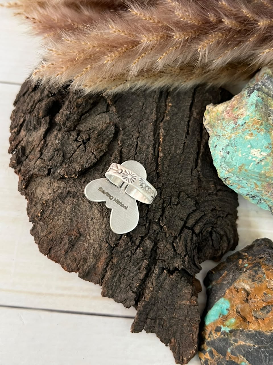 Handmade Sterling Silver Paloma with Blue Kingman Turquoise Adjustable Ring Signed Nizhoni