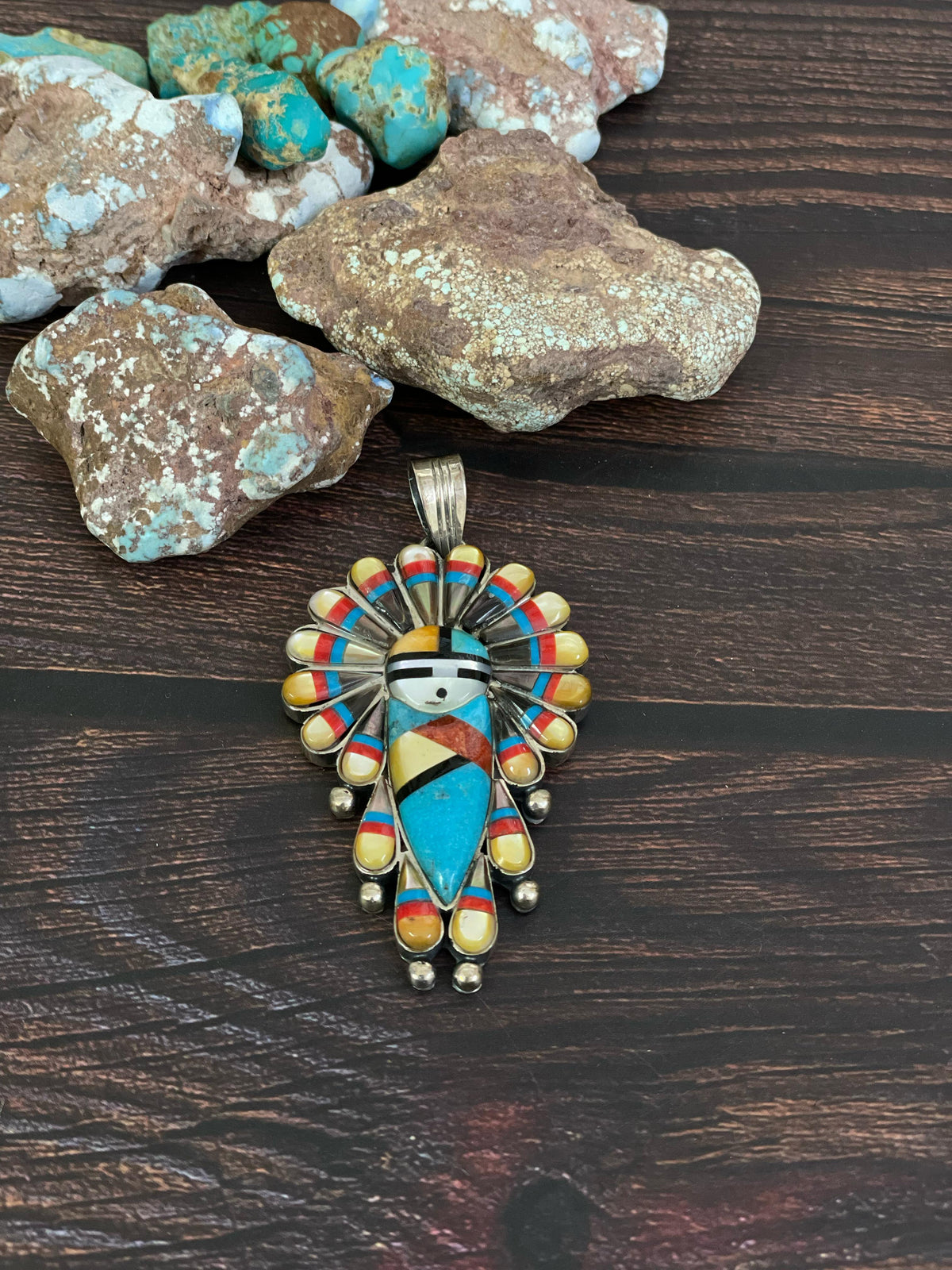 Handmade Sterling Silver Kachina Turquoise Pendant with Signed Nizhoni