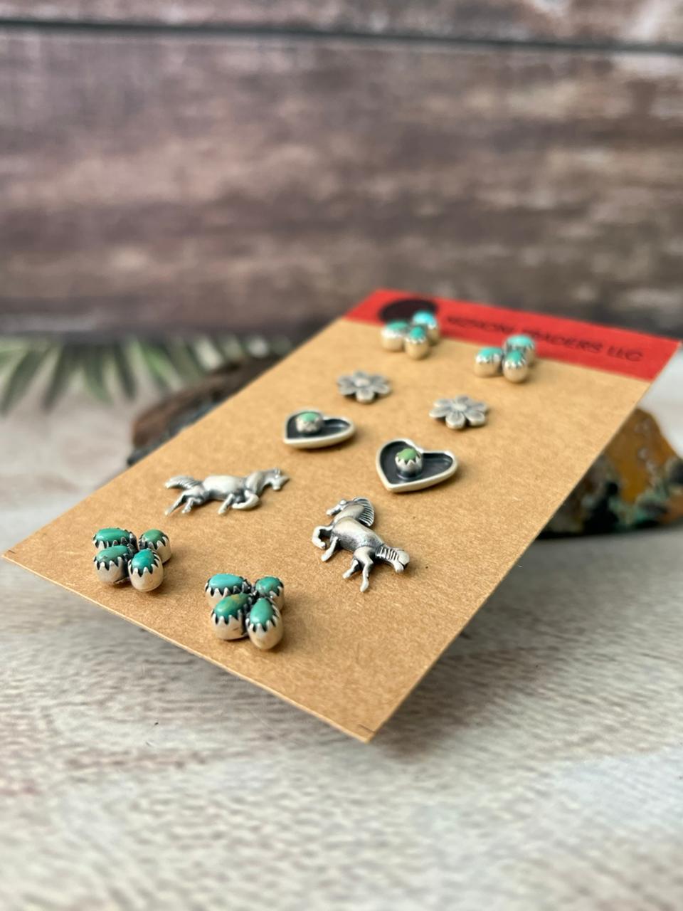 Handmade Sterling Silver Kingman Turquoise Post Studs Earrings Set