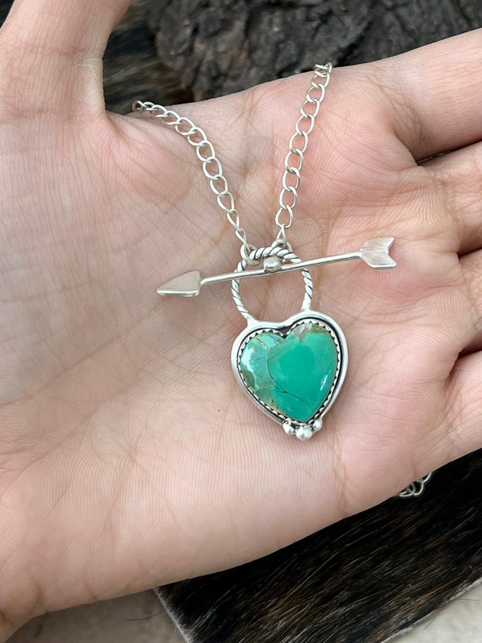 Handmade Sterling Silver Kingman Turquoise Heart Pendant Necklace "Signed Nizhoni"