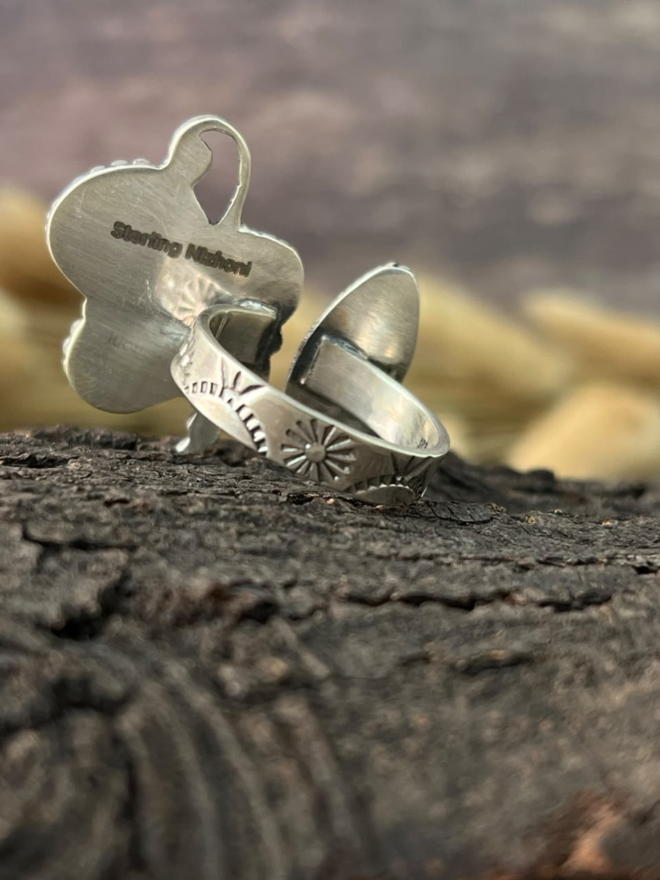 Handmade Sterling Silver Sonoran Mountain Turquoise with Bumblebee and White Buffalo Spring Collection: Butterfly Adjustable Ring Signed Nizhoni