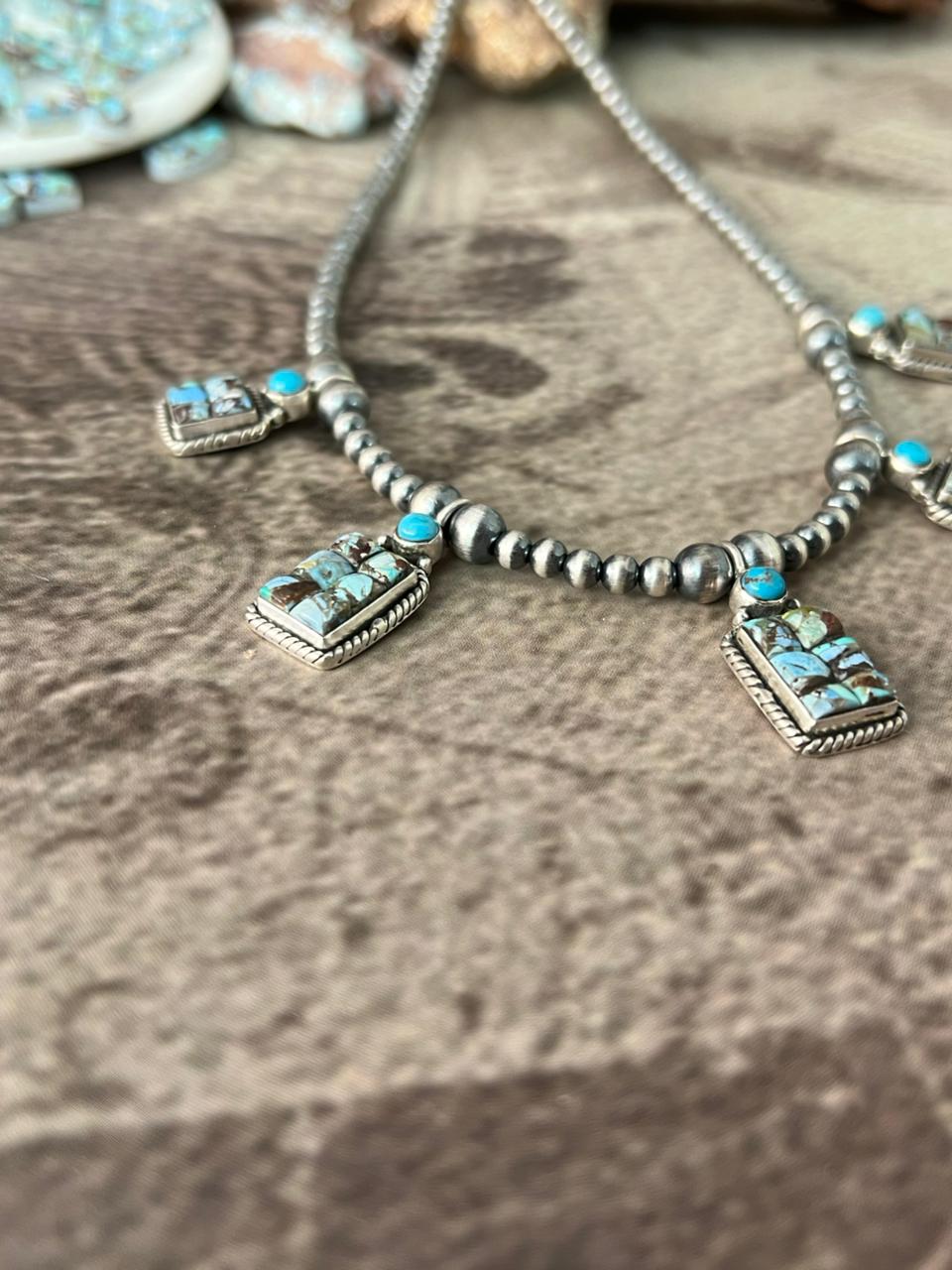 Handmade Sterling Silver 'Golden Hills Turquoise Cobble Collection' Beaded Necklace "Signed Nizhoni"
