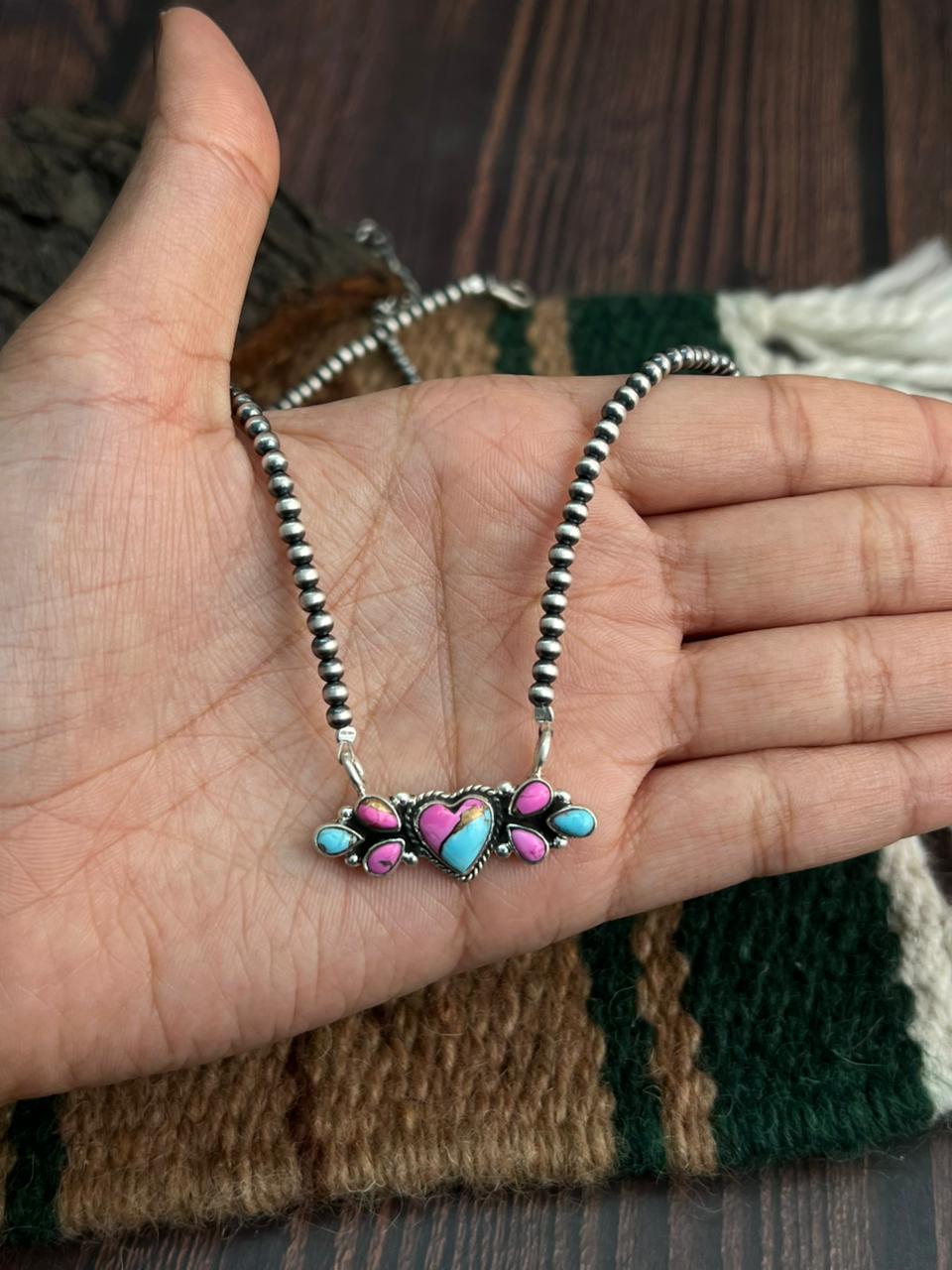 "Heart Collection" Handmade Sterling Silver Beaded Cotton Candy Necklace "Signed Nizhoni"