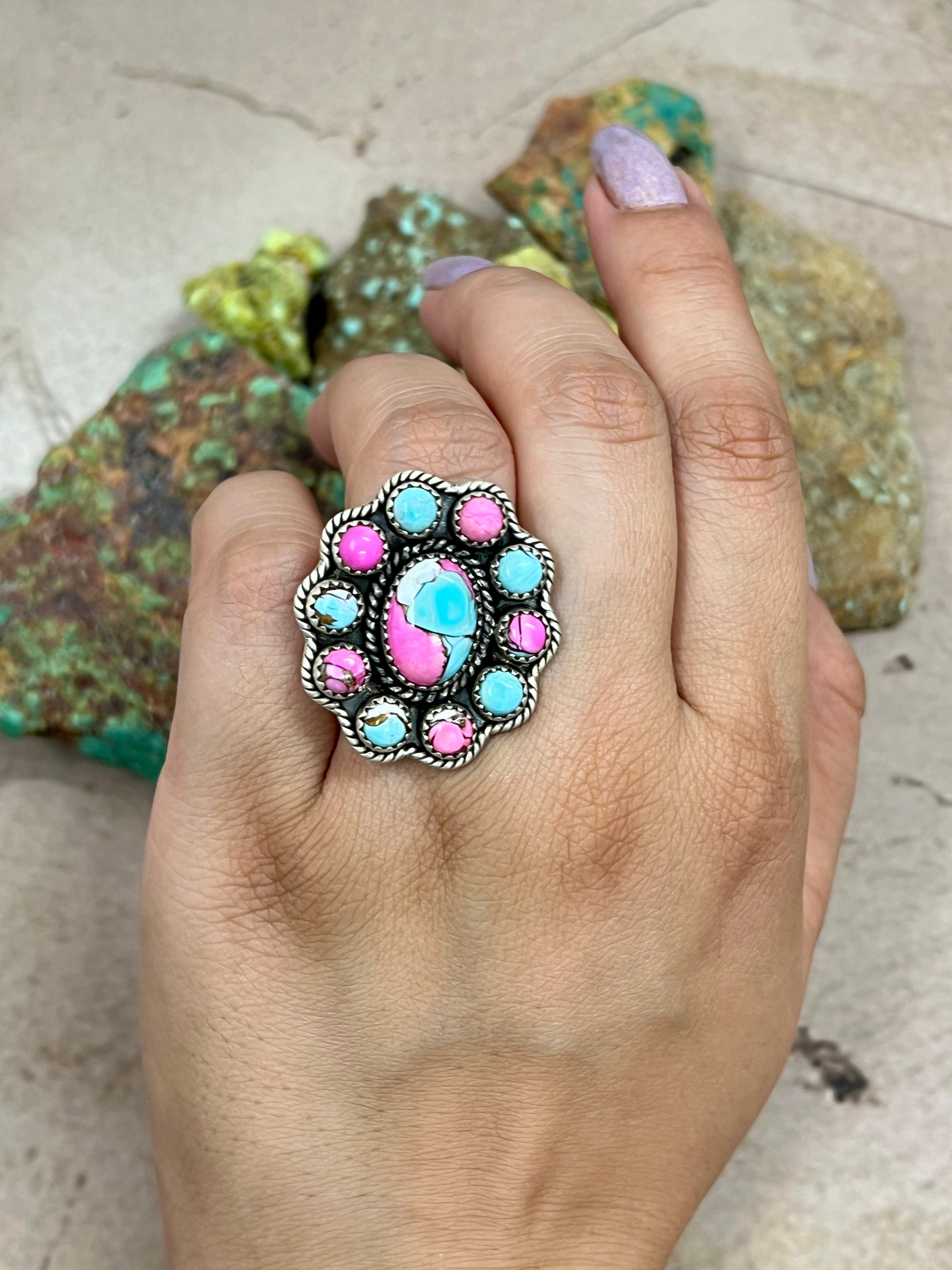 Handmade Sterling Silver Cotton Candy Turquoise Adjustable Ring with Signed Nizhoni