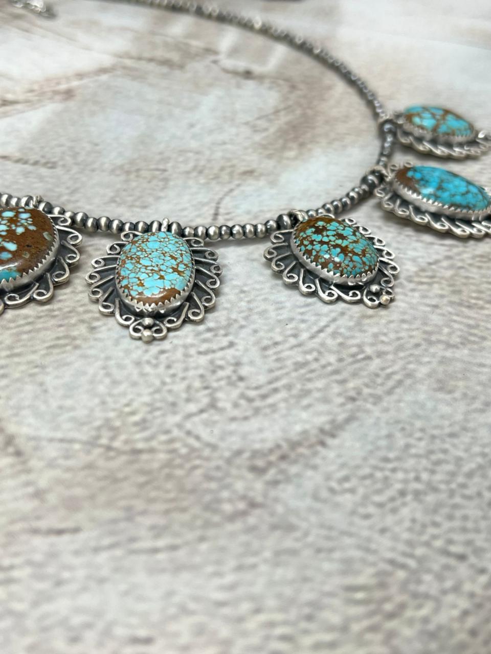 Handmade Sterling Silver Number 8 Turquoise Beaded Necklace with Signed Nizhoni