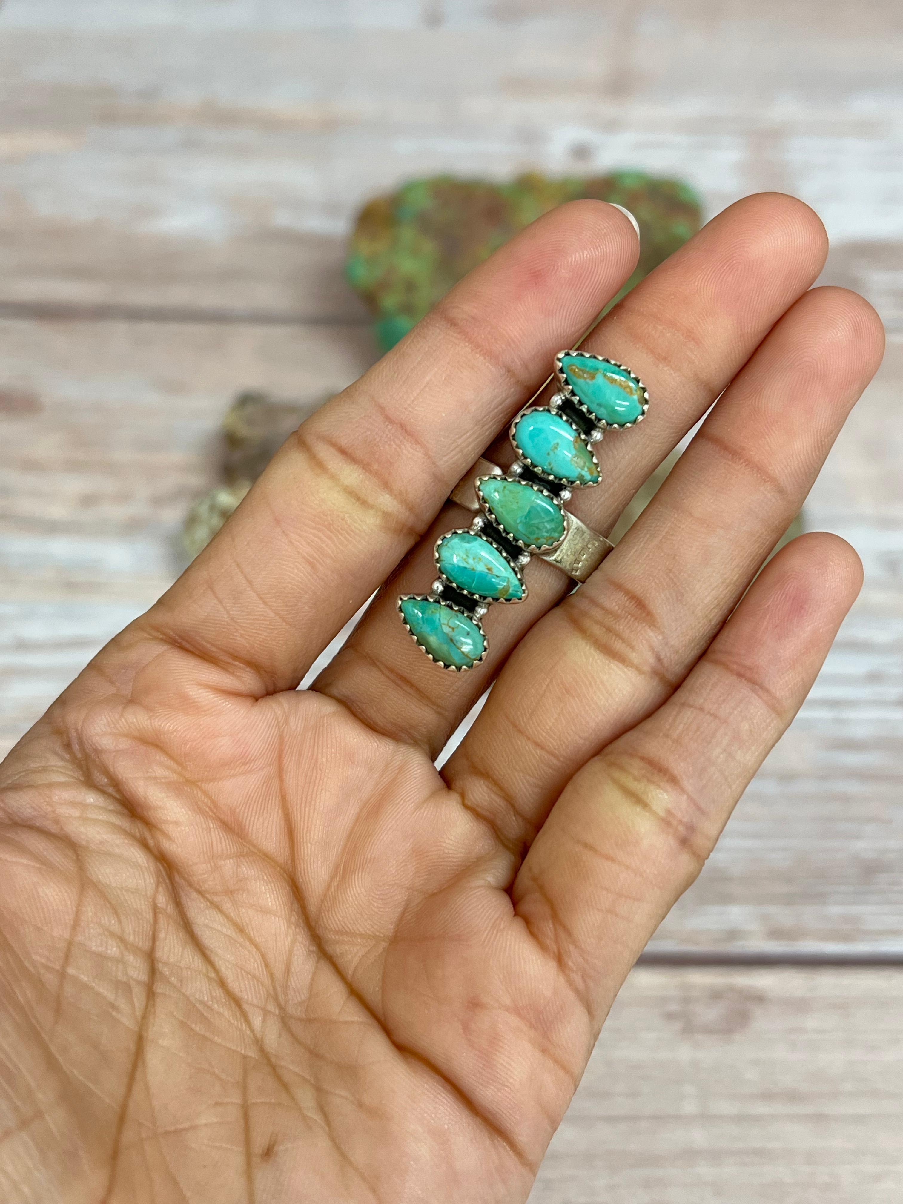 Handmade Sterling Silver Kingman Turquoise Adjustable Ring with Signed Nizhoni