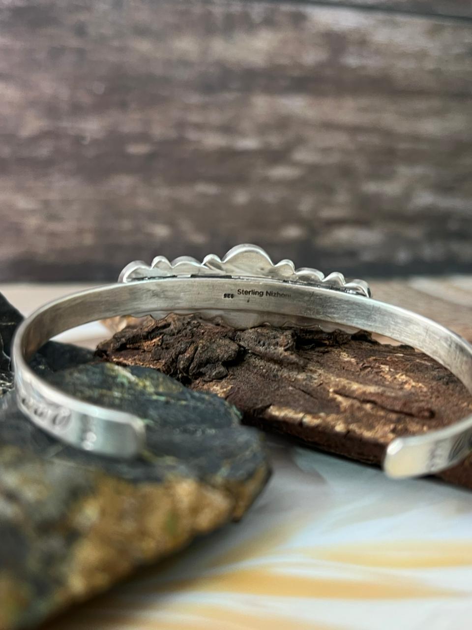 Handmade Sterling Silver Blackjack Turquoise 5 stone cuff Bracelet "Signed Nizhoni"