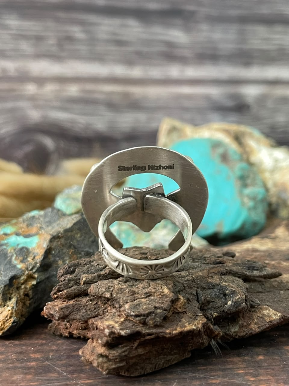 Handmade Sterling Silver Kingman Turquoise NFR Collection: Adjustable Ring Signed Nizhoni