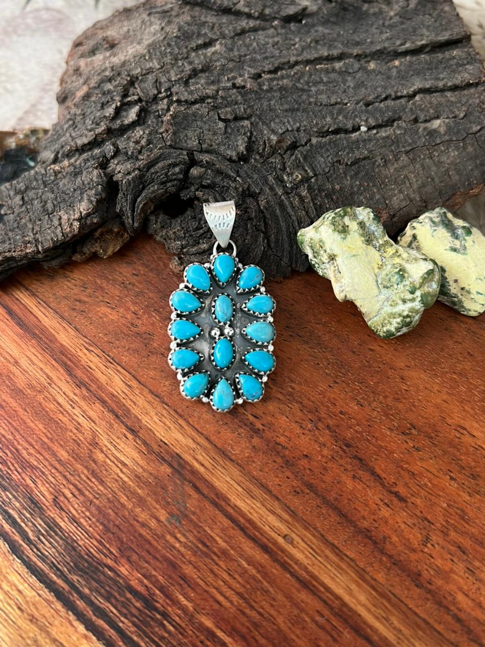 Handmade Sterling Silver Blue Kingman Turquoise Pendant "Signed Nizhoni"