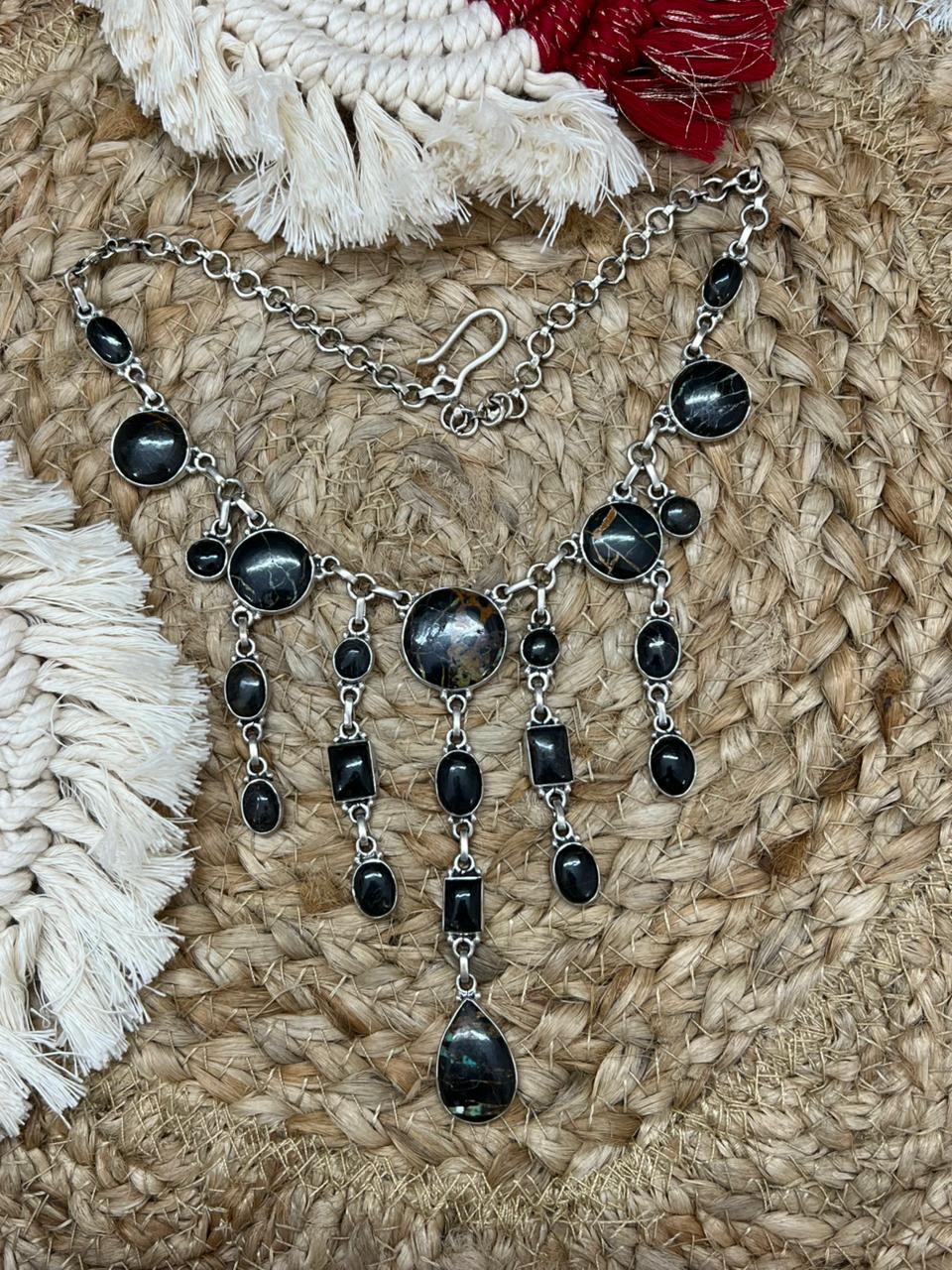 Handmade Sterling Silver Blackjack Turquoise Choker Necklace "Signed Nizhoni"