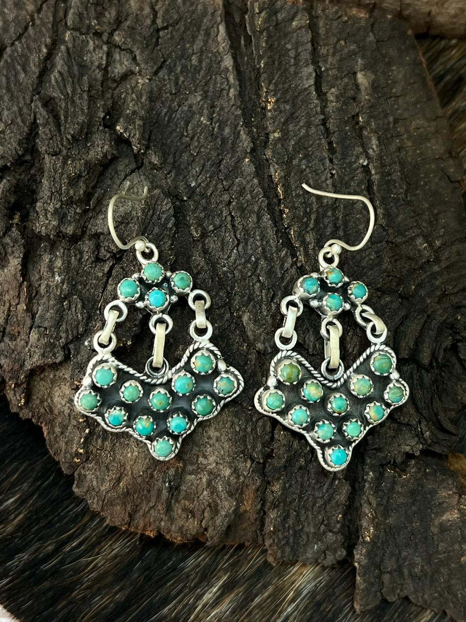 Handmade Sterling Silver Kingman Turquoise Hook Dangle Earrings "Signed Nizhoni"