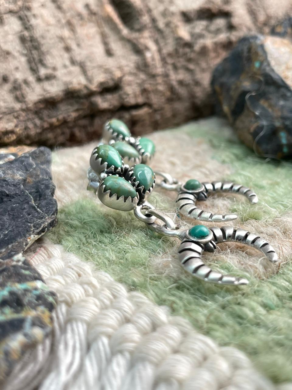 Handmade Sterling Silver Kingman Turquoise Post Dangle Earrings "Signed Nizhoni"