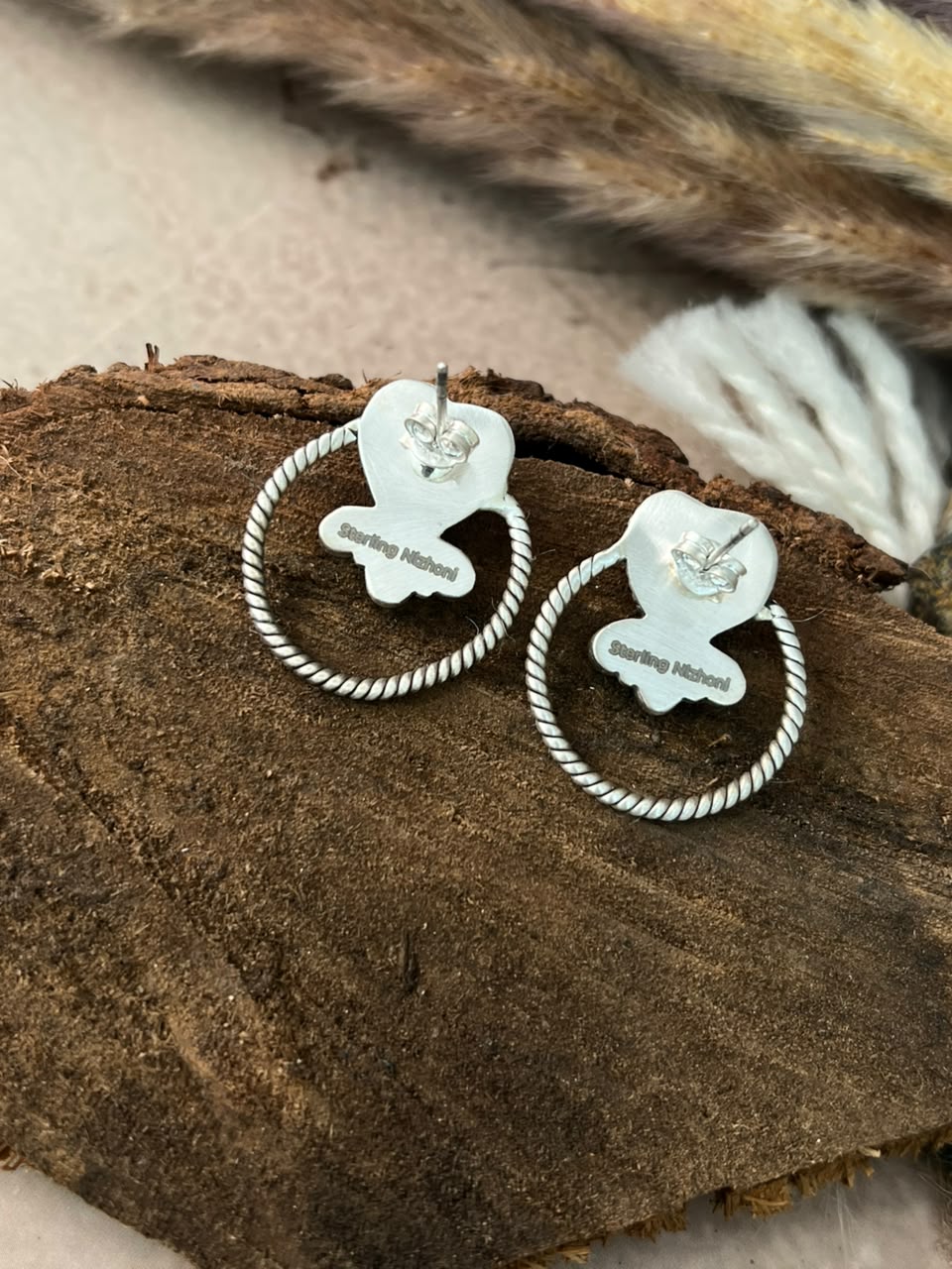 Handmade Sterling Silver White Buffalo Post Hoop Earrings Signed Nizhoni