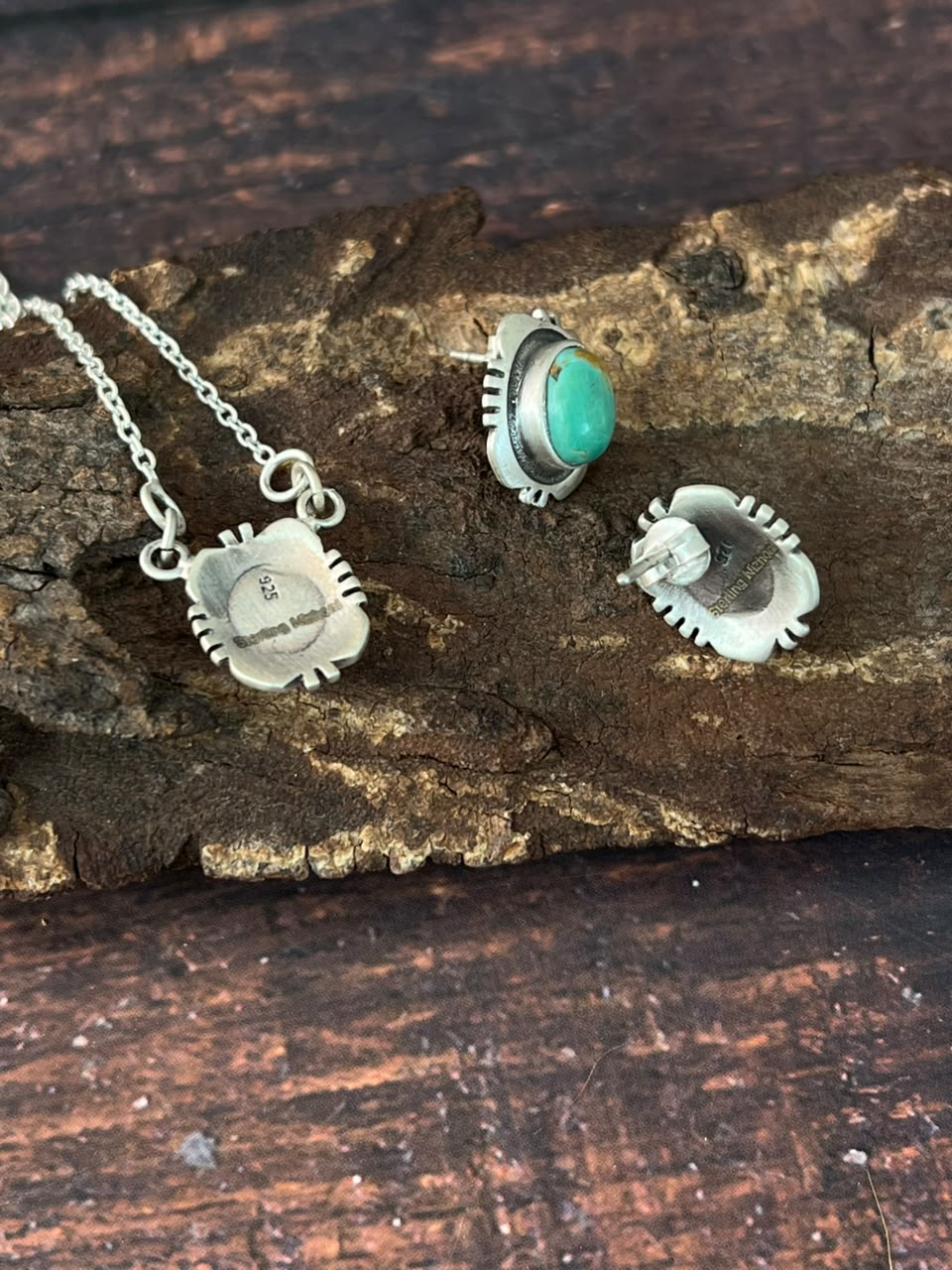 Handmade Sterling Silver Kingman Turquoise Necklace and Earrings Set Signed Nizhoni