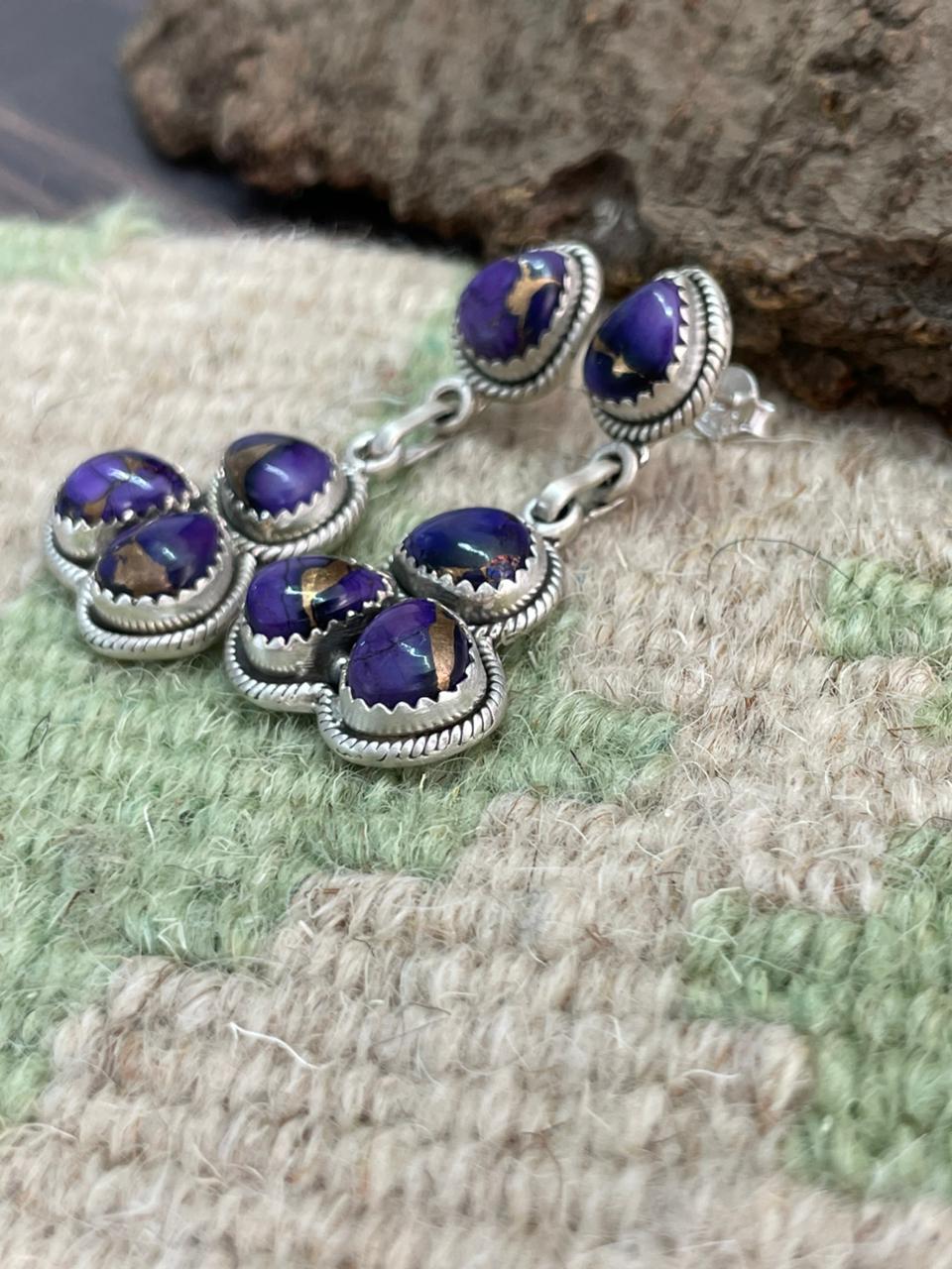 Handmade Sterling Silver Grape Dahlia Post Dangle Earrings "Signed Nizhoni"