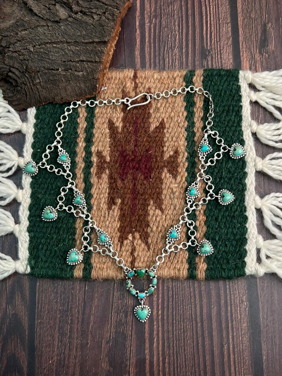 "Heart Collection" Handmade Sterling Silver Kingman Turquoise Necklace "Signed Nizhoni"