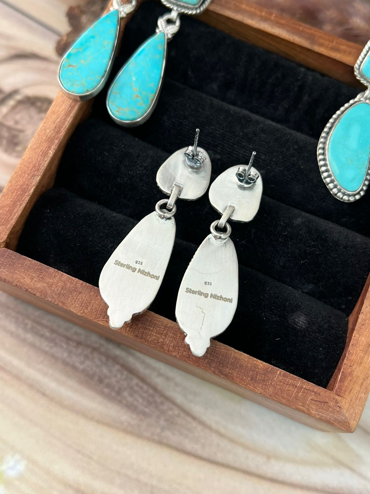 Handmade Sterling Silver Green Kingman Turquoise Collection: Post Dangle Earrings Signed Nizhoni