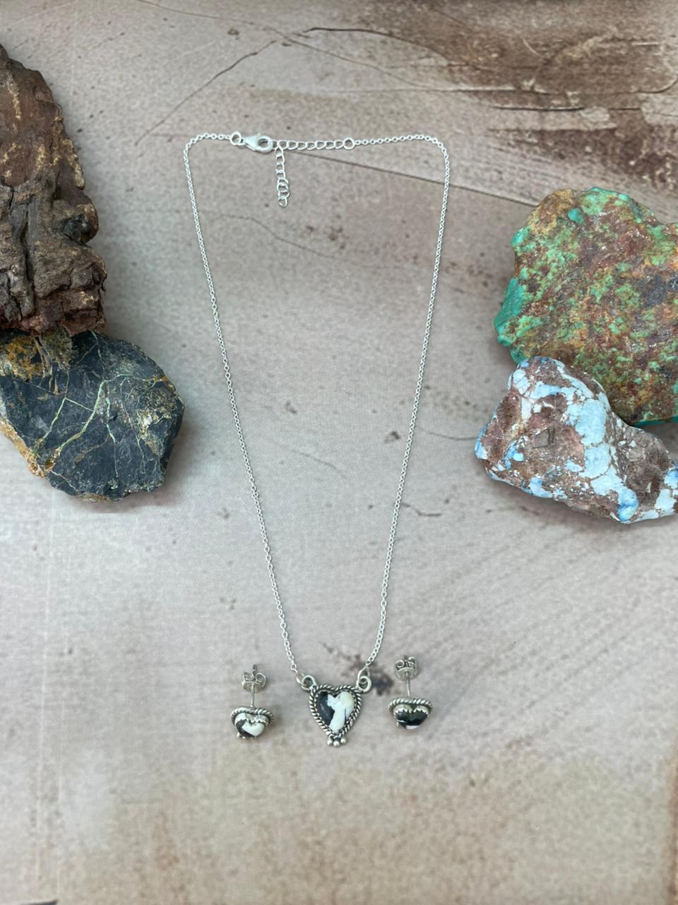 Handmade Sterling Silver White Buffalo Necklace Earrings Set "Signed Nizhoni"