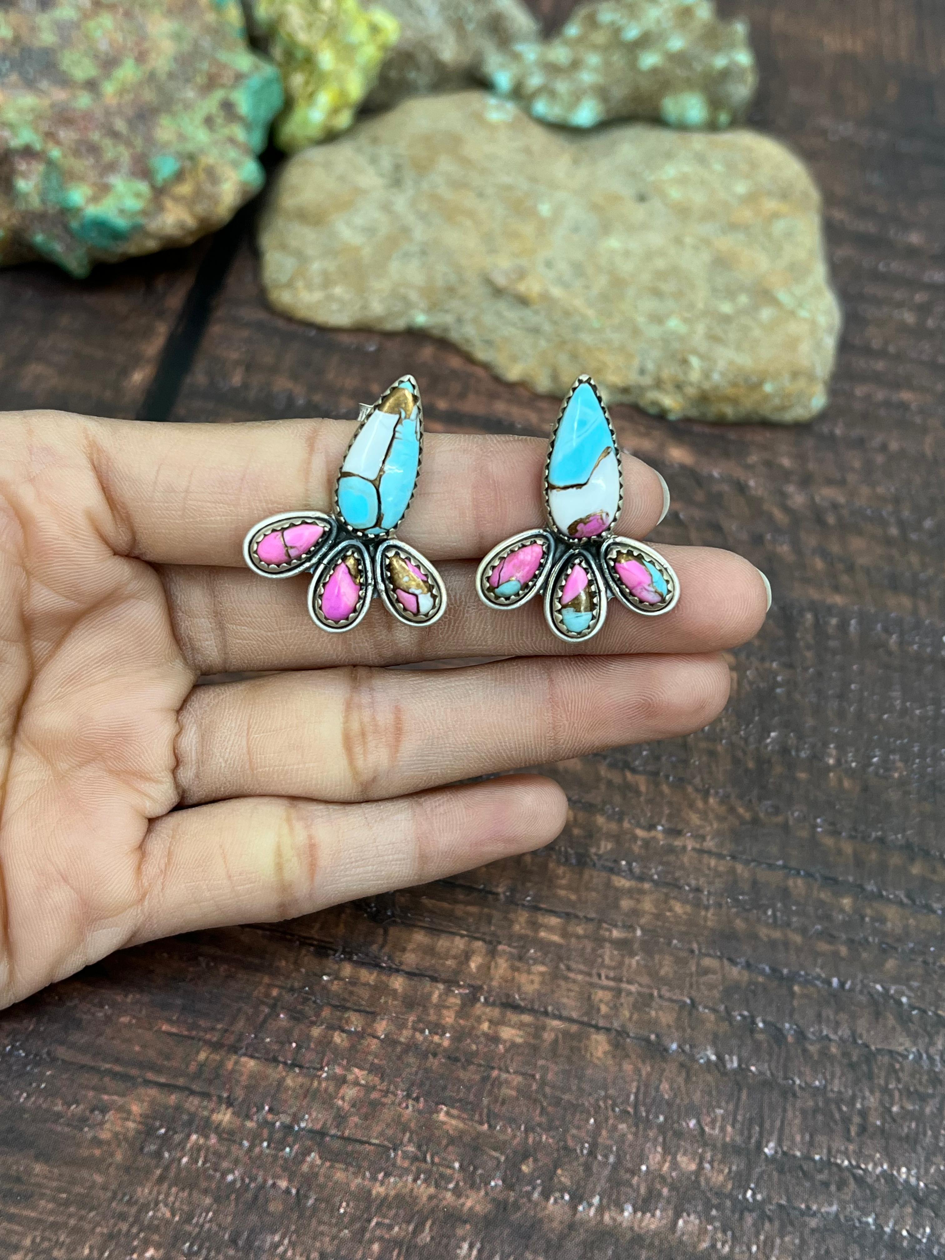 Handmade Sterling Silver Cotton Candy Turquoise Post Earrings with Signed Nizhoni
