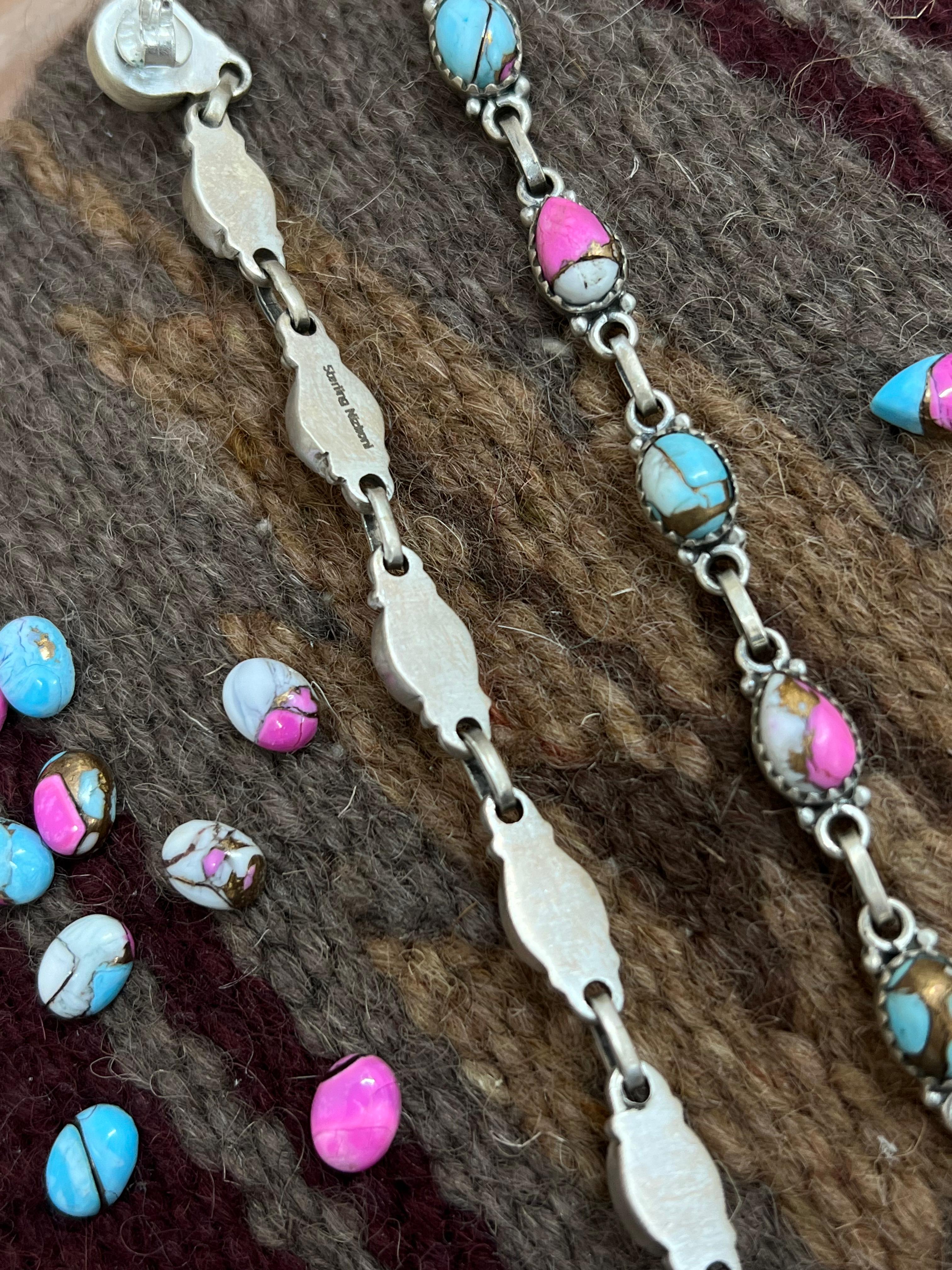 Handmade Sterling Silver Cotton Candy Turquoise Dangle Earrings with Signed Nizhoni