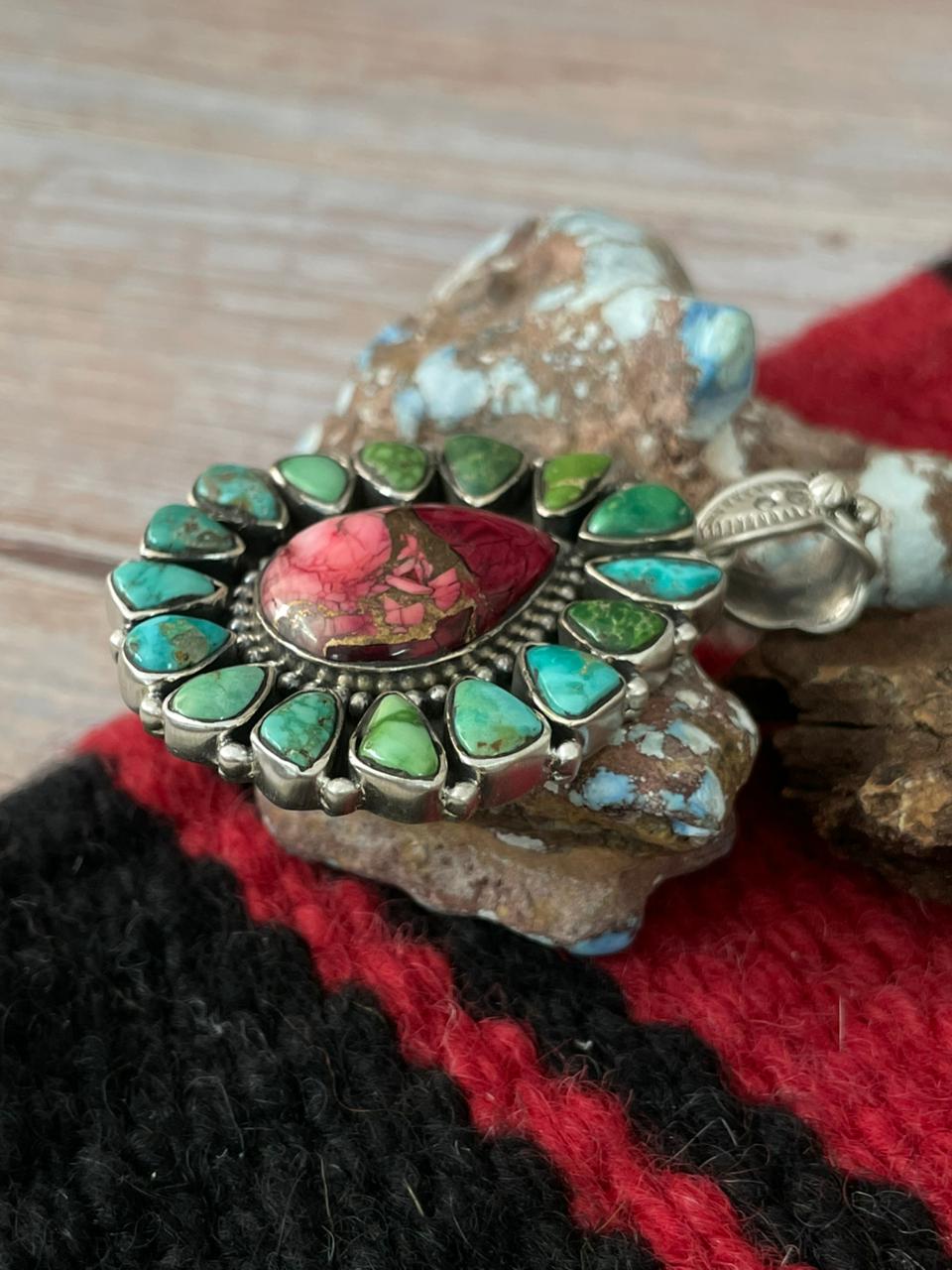 Handmade Sterling Silver Dahlia Rose with Emerald Valley Turquoise Pendant "Signed Nizhoni"