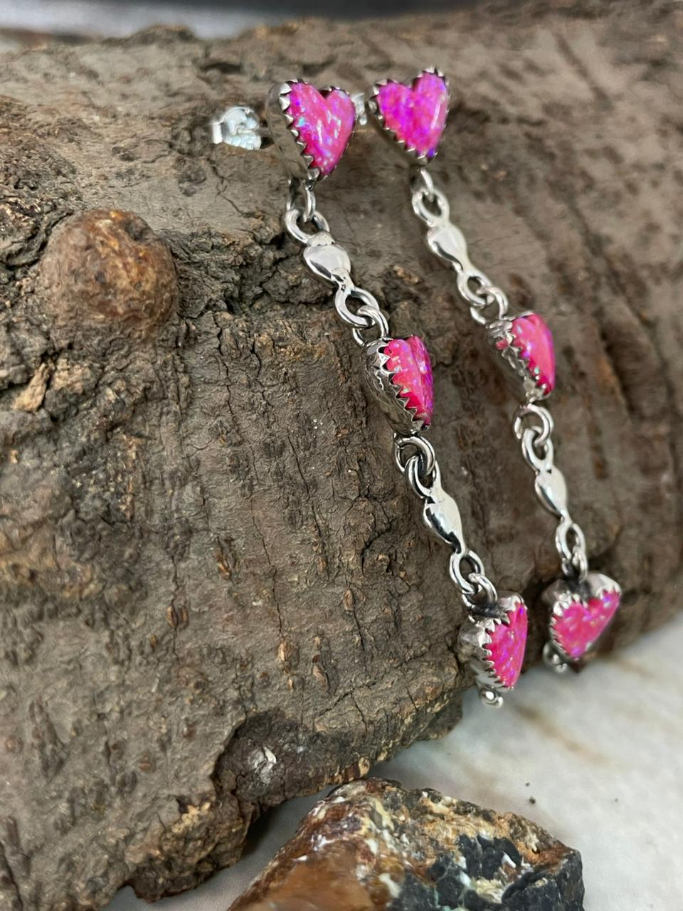 "Heart Collection" Handmade Sterling Silver Hot Pink Post Dangle Earrings "Signed Nizhoni"