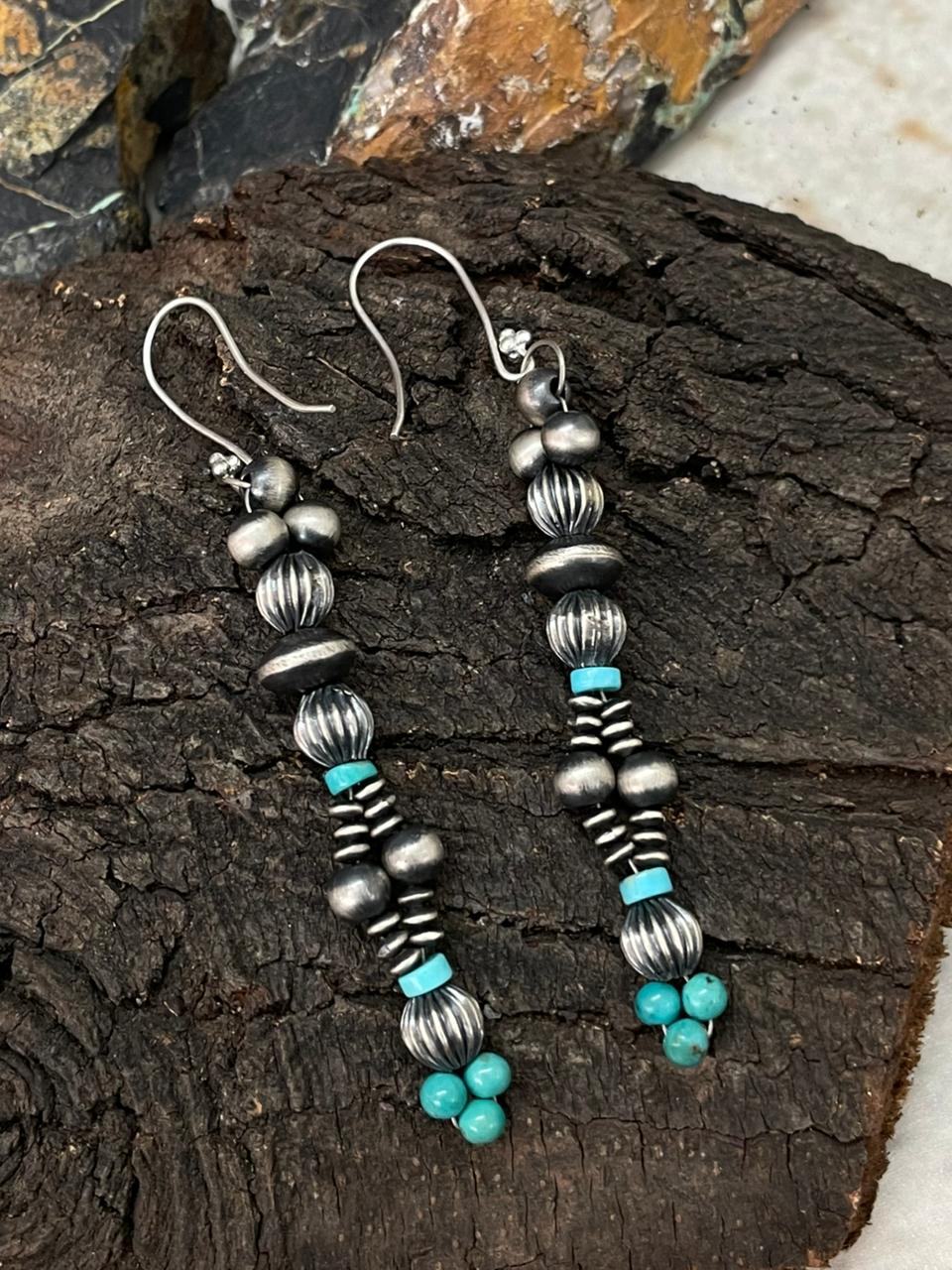 Handmade Sterling Silver Beaded Kingman Turquoise Hook Dangle Earrings (8)