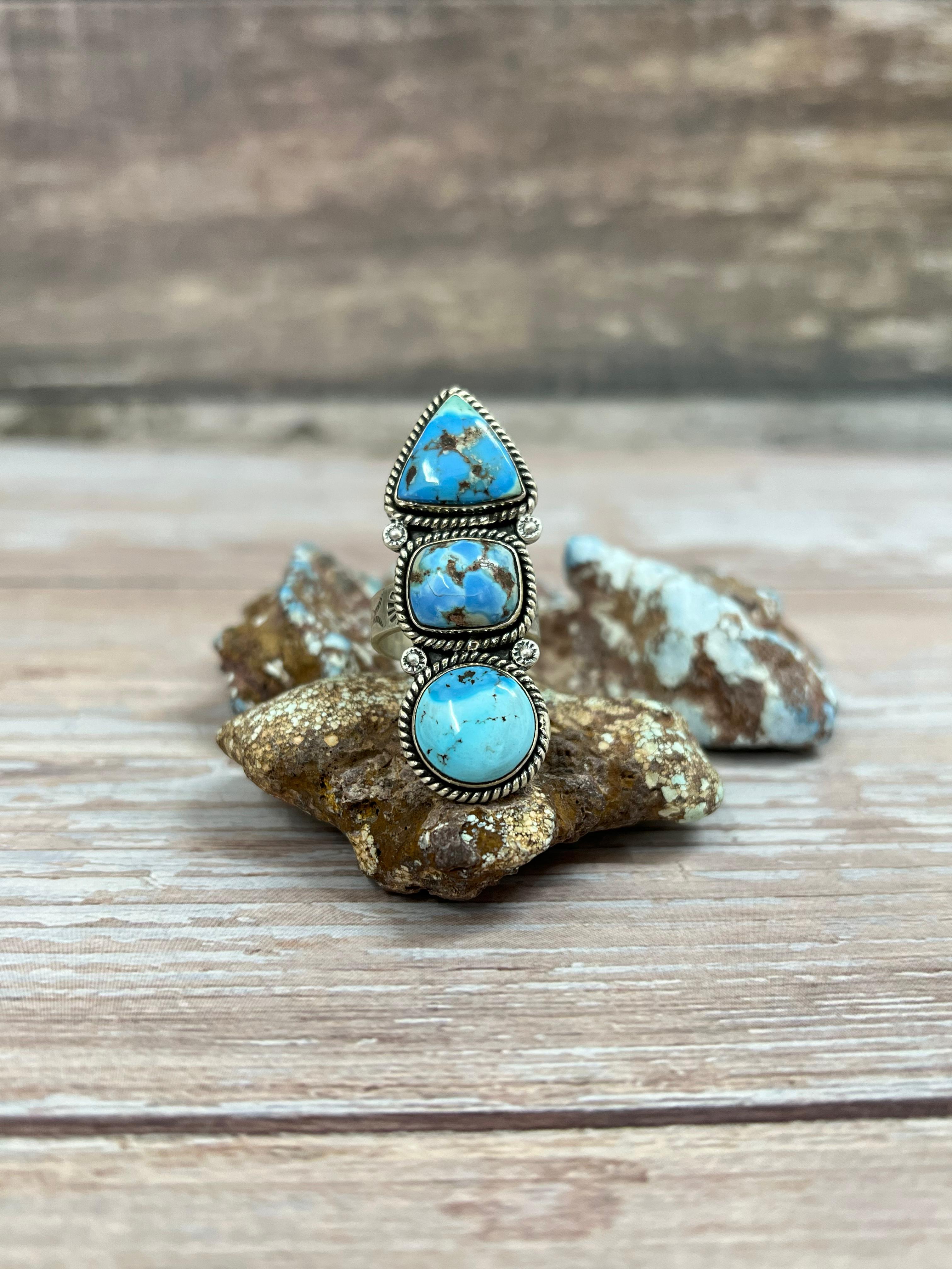 Handmade Sterling Silver Golden Hills Turquoise Adjustable Ring With Signed Nizhoni