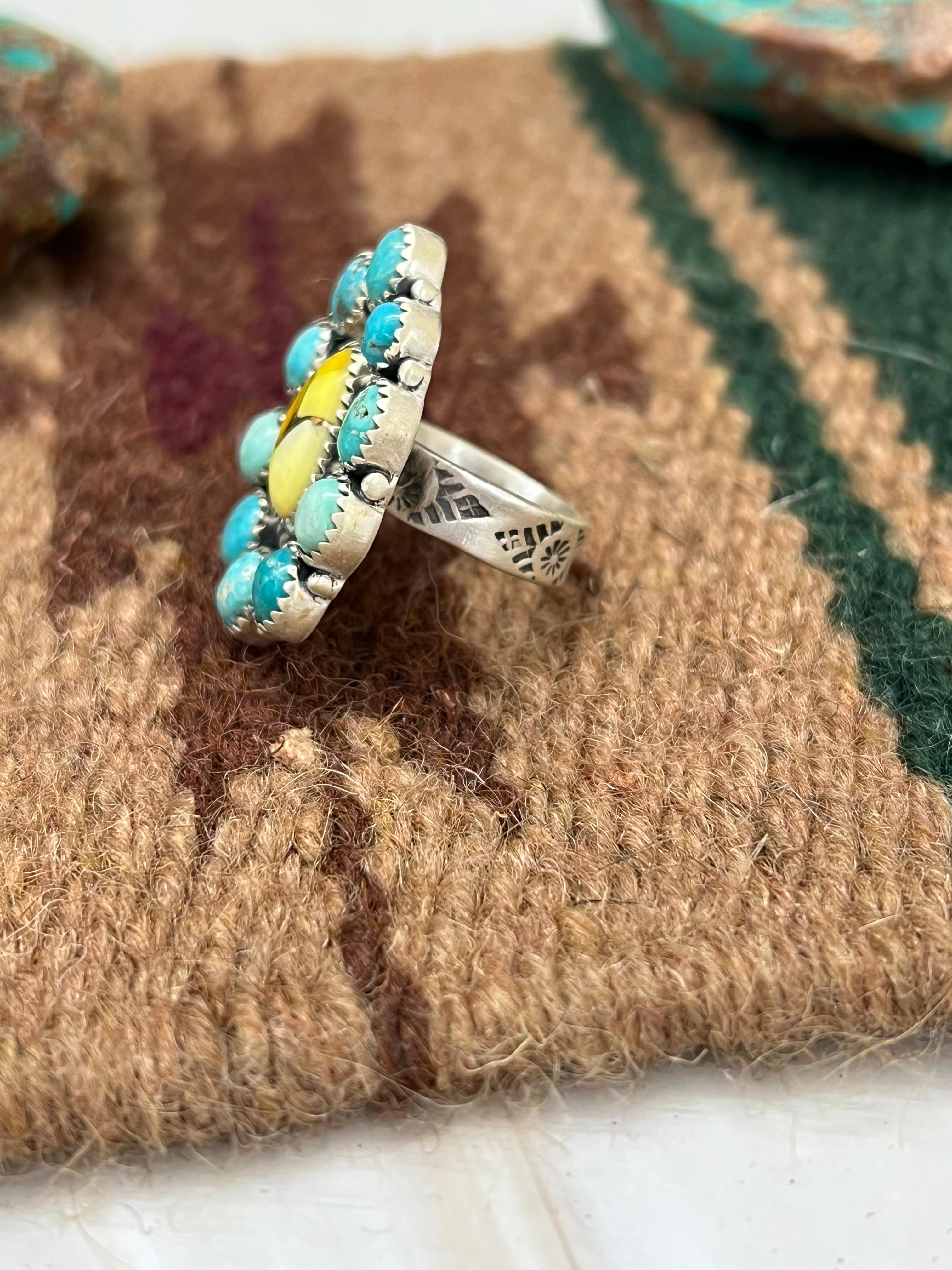 Handmade Sterling Silver White Water with Honey Dahlia Adjustable Ring with Signed Nizhoni