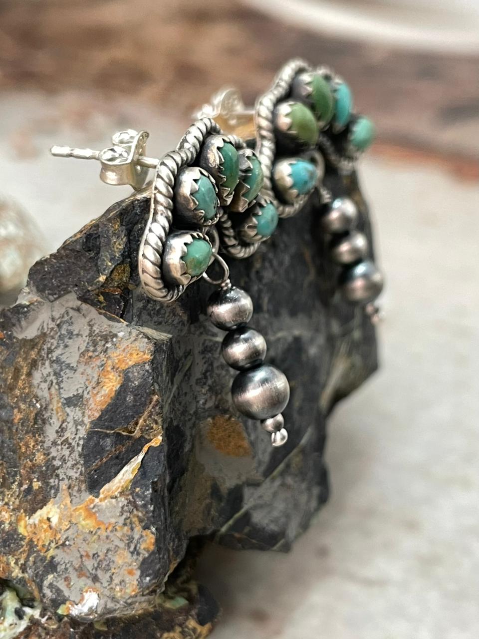 Handmade Sterling Silver Beaded Kingman Turquoise Post Dangle Earrings "Signed Nizhoni"