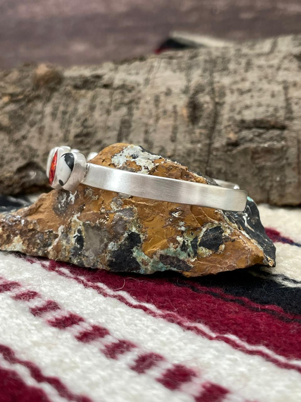 "Christmas Collection" Handmade Sterling Silver White Buffalo With Red Opal Cuff Bracelet "Signed Nizhoni"