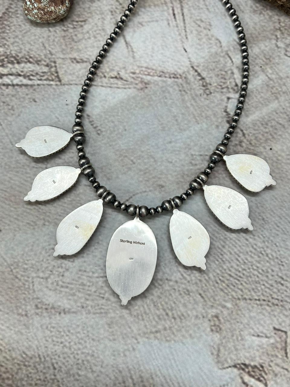 Handmade Sterling Silver Lander Turquoise Beaded Necklace with Signed Nizhoni