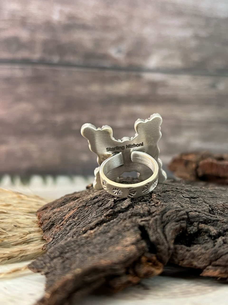 Handmade Sterling Silver Orange Mojave with Kingman Turquoise Adjustable Ring Signed Nizhoni
