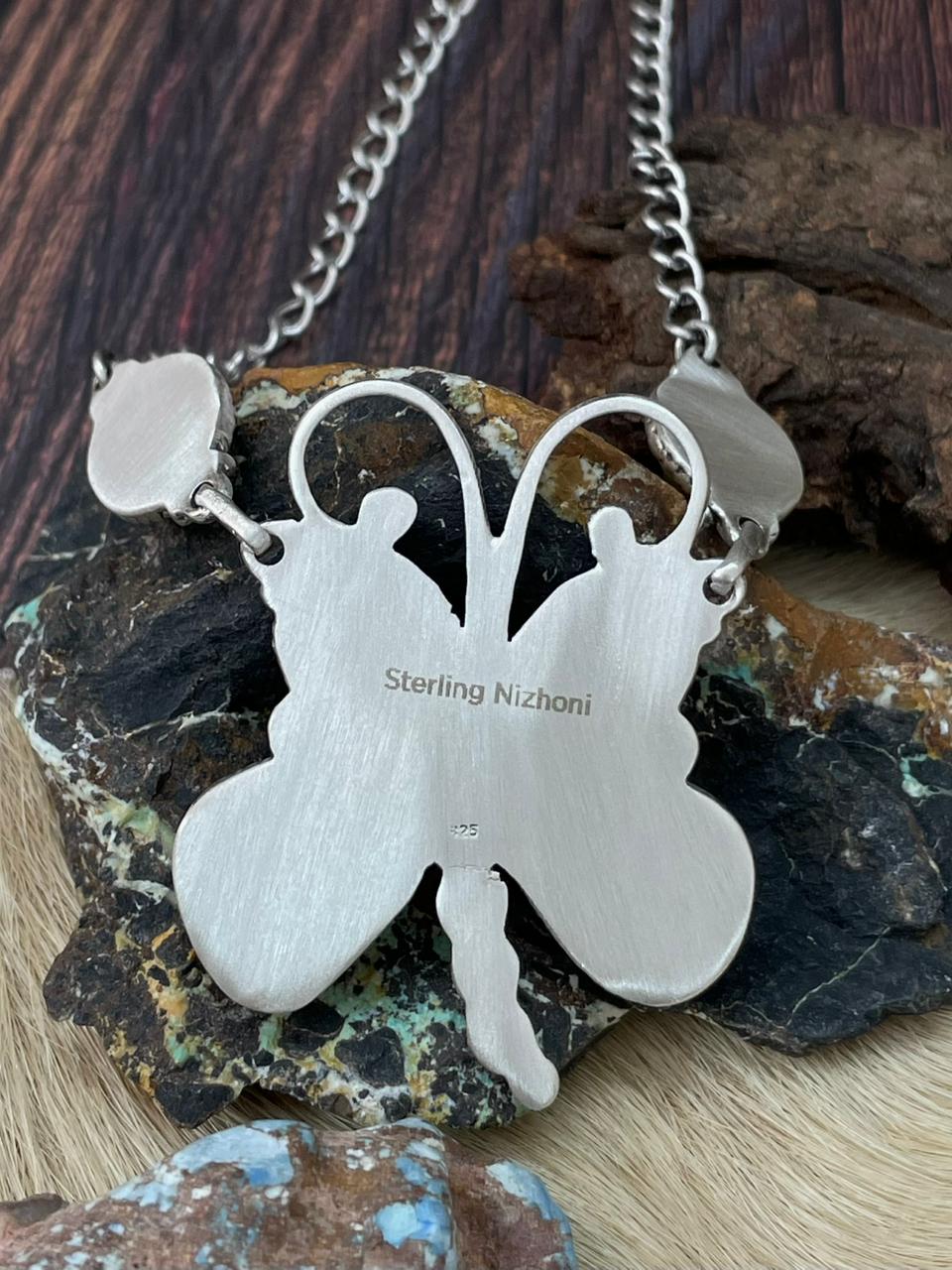 Handmade Sterling Silver Sonoran Mountain Turquoise Butterfly Necklace "Signed Nizhoni"