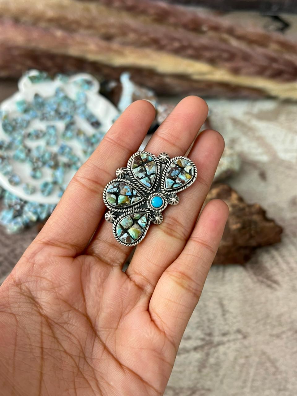 Handmade Sterling Silver 'Golden Hills Turquoise Cobble Collection' Adjustable Ring "Signed Nizhoni"