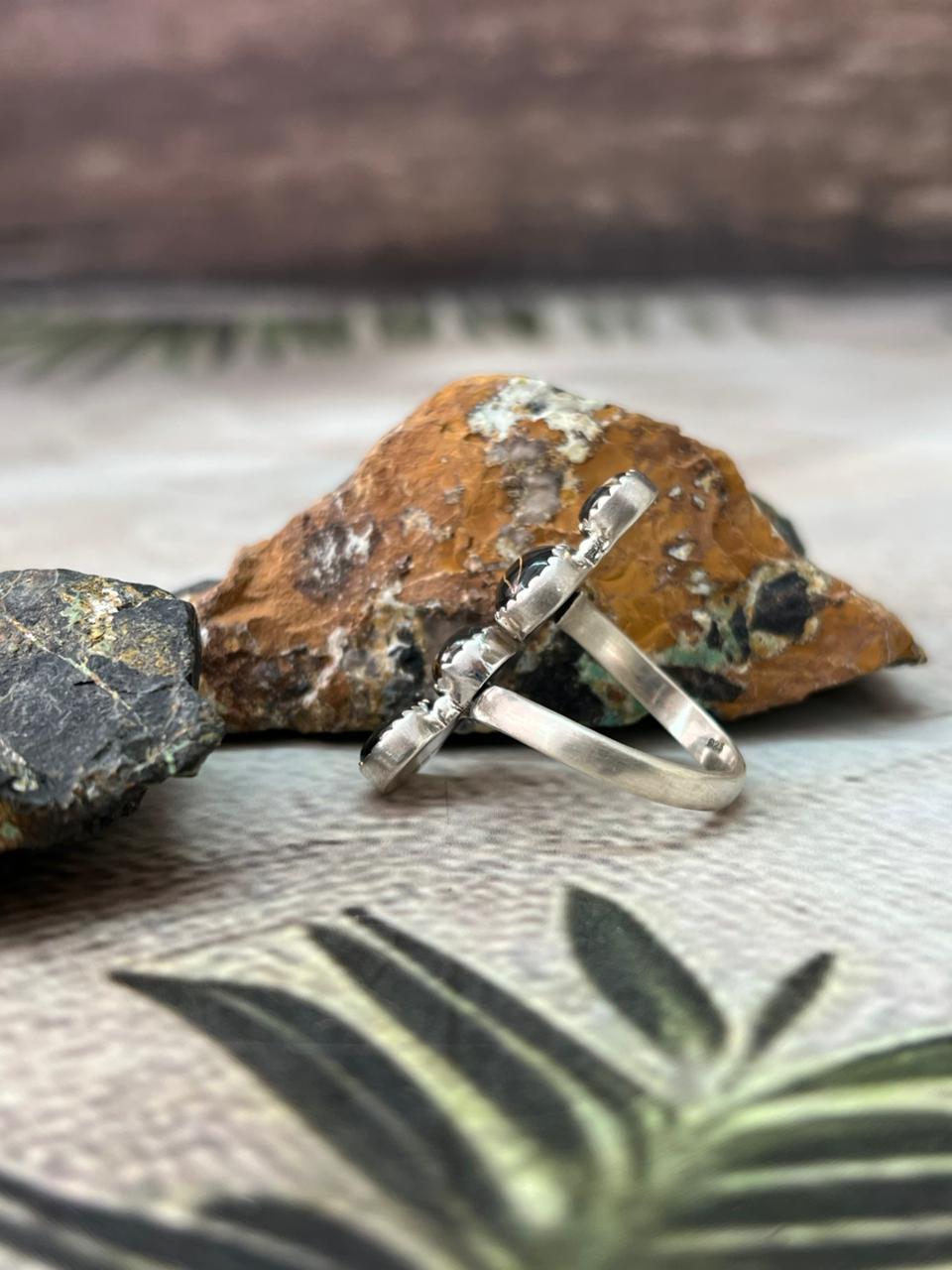 Handmade Sterling Silver Blackjack Turquoise Adjustable Ring " Signed Nizhoni"