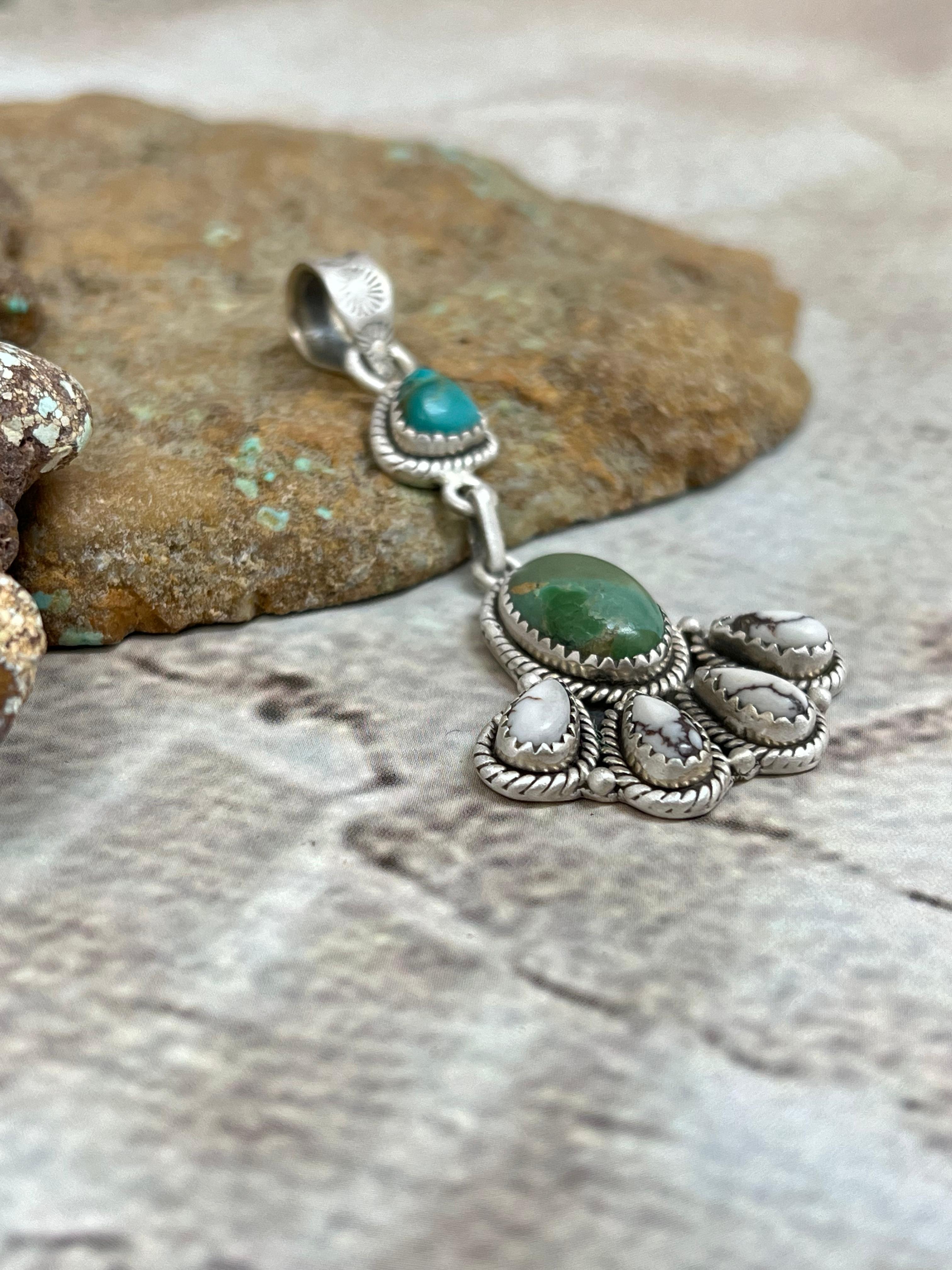 Handmade Sterling Silver Kingman Turquoise with Wild Horse Magnesite Pendant Signed Nizhoni